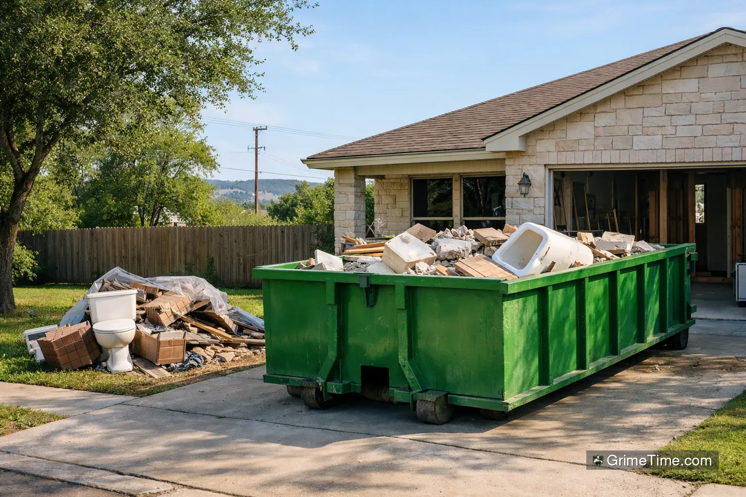 Roll-off dumpster outside a South Austin home during a bathroom remodel
