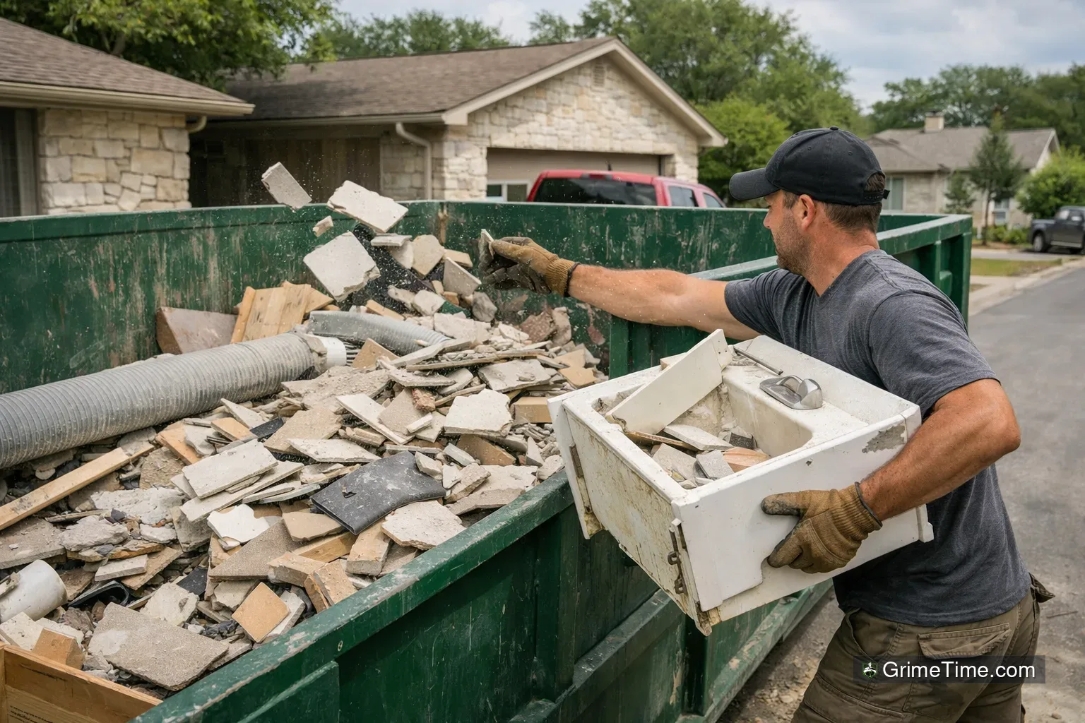Contractor loading tile, drywall, and vanity debris into a residential dumpster