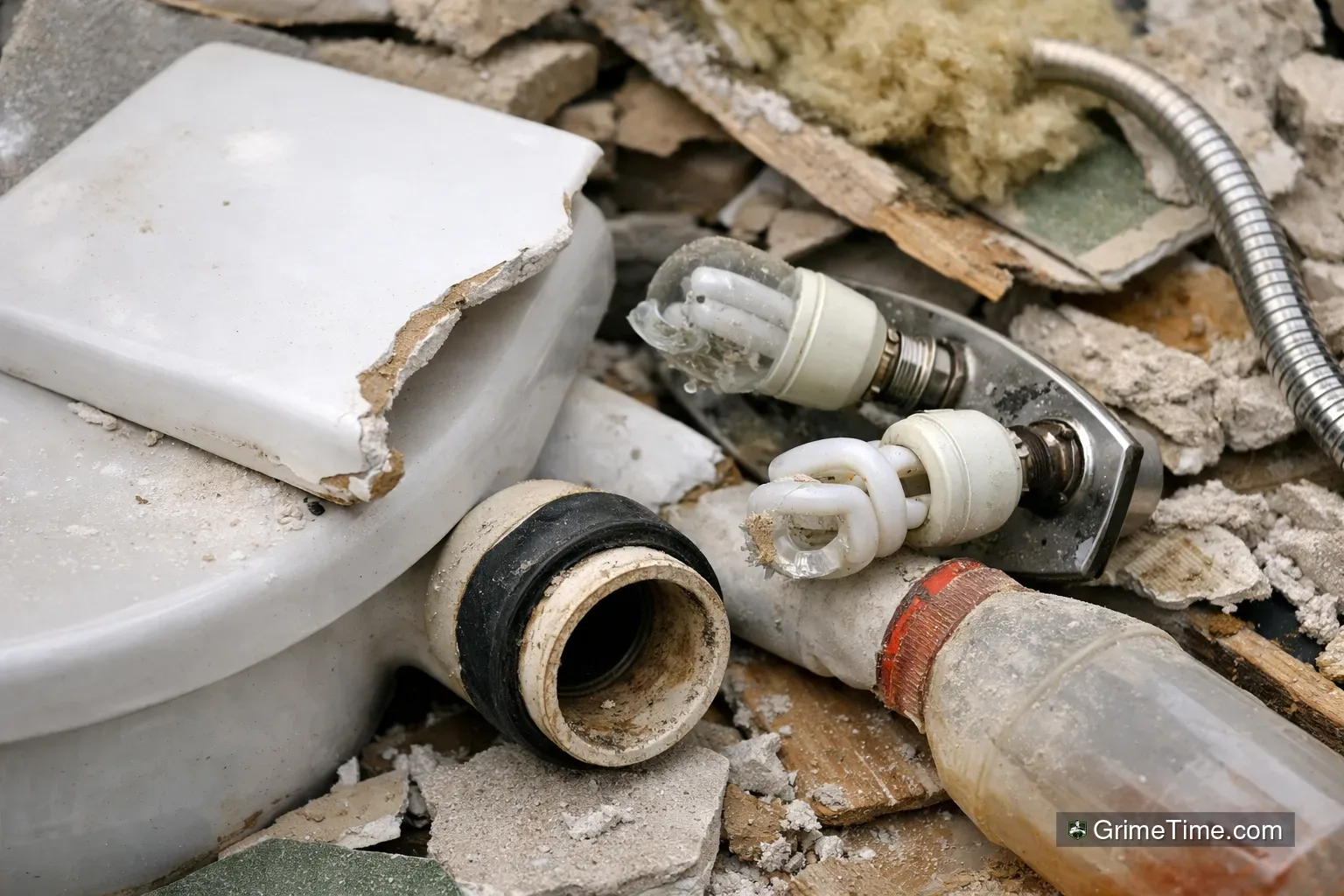 Close-up of bathroom remodel waste items that may need special disposal