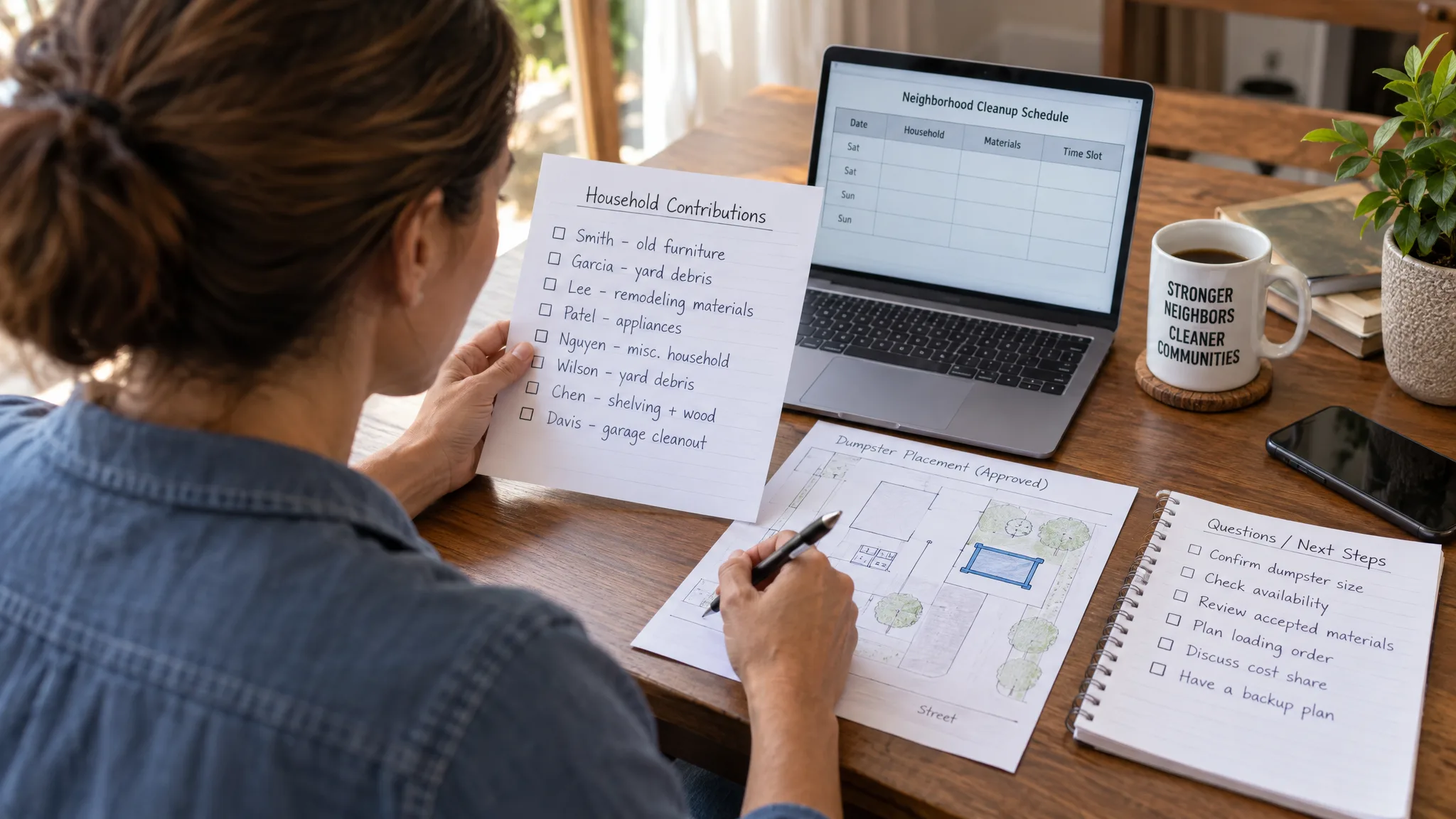 Cleanup organizer reviewing household debris lists and a shared loading schedule