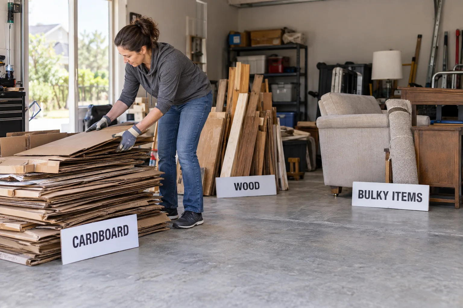 Cardboard, wood pieces, and bulky household items separated for cleanup planning