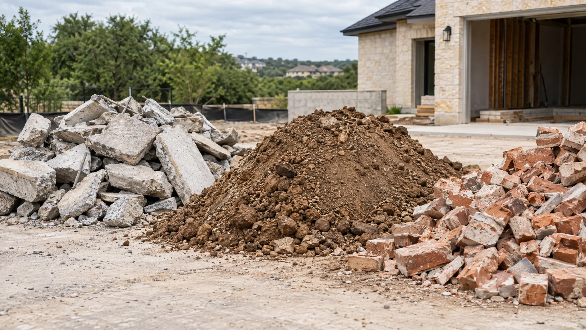 Separate piles of concrete rubble, excavated soil, and brick awaiting disposal planning
