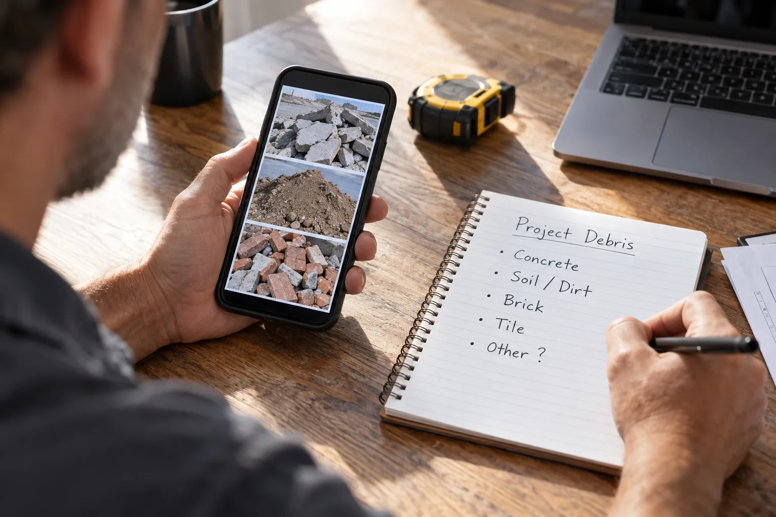 Person reviewing debris photos beside a handwritten material inventory