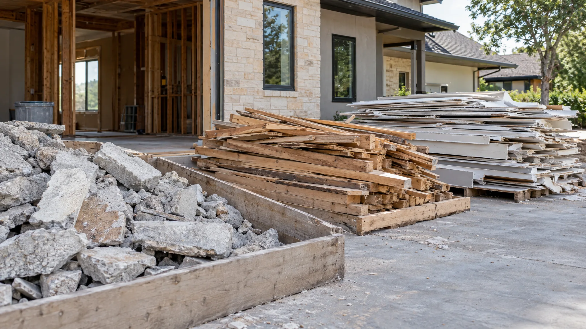 Concrete fragments, lumber, and drywall kept in separate staging areas during a remodel