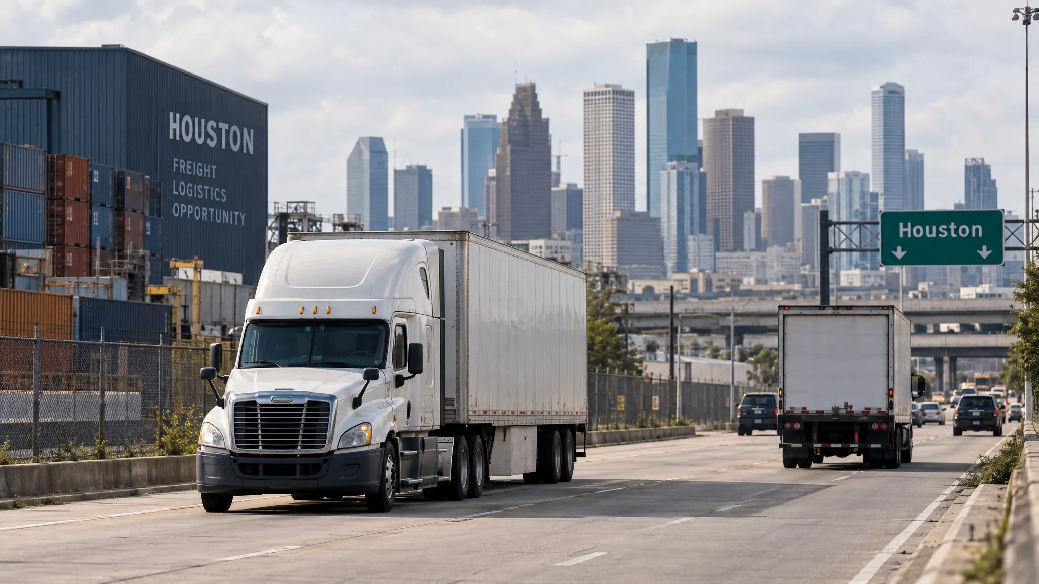 Commercial trucks traveling along a Houston-area industrial road