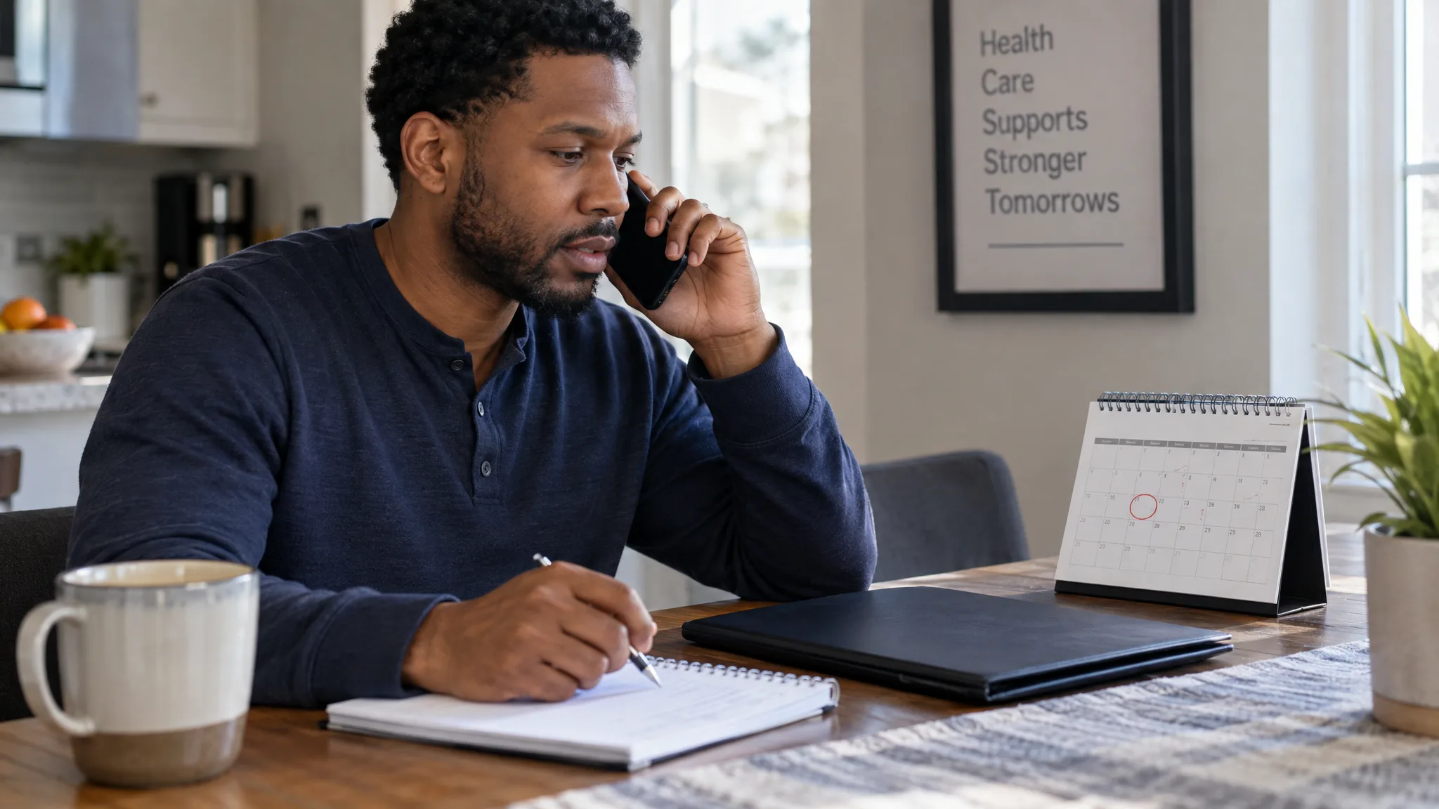 Worker calling a medical office with an appointment calendar nearby