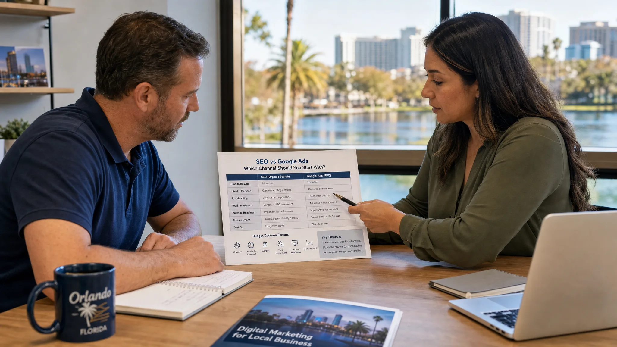 Small business owner comparing marketing budget options at a meeting table