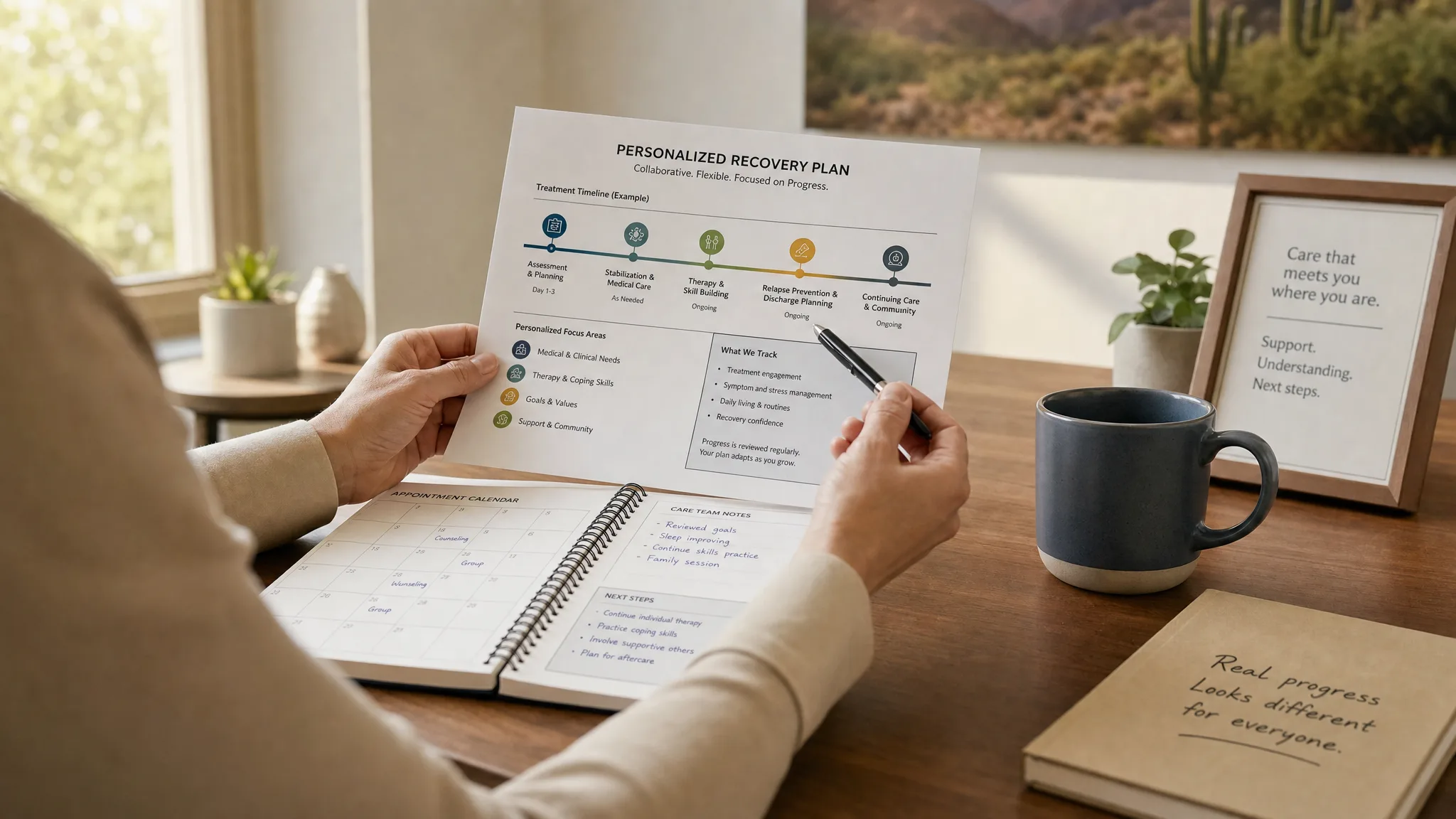 Clinician reviewing a recovery treatment timeline and care plan in a private rehab office