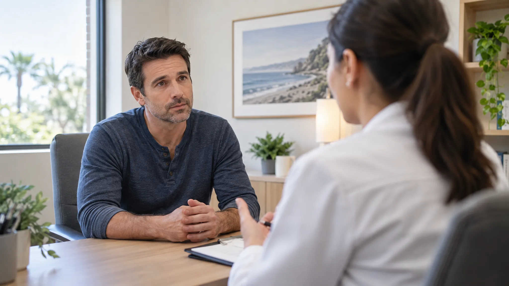 Adult discussing health history with a clinician during a consultation