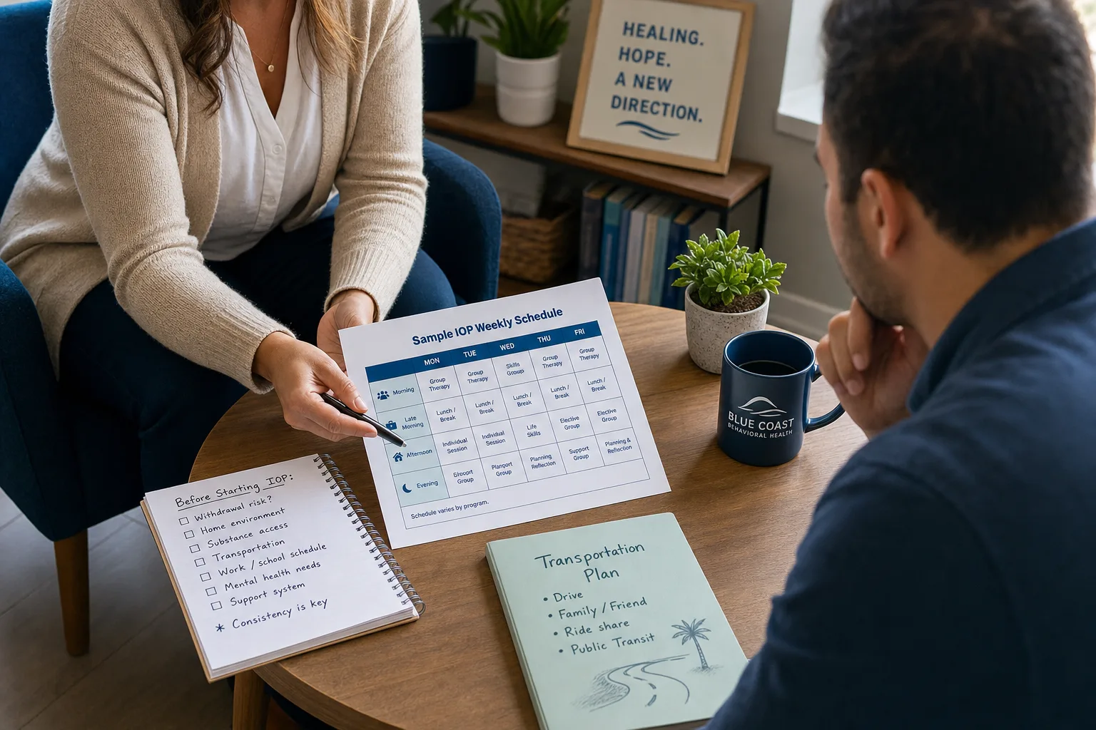 Counselor and client discussing an intensive outpatient treatment schedule