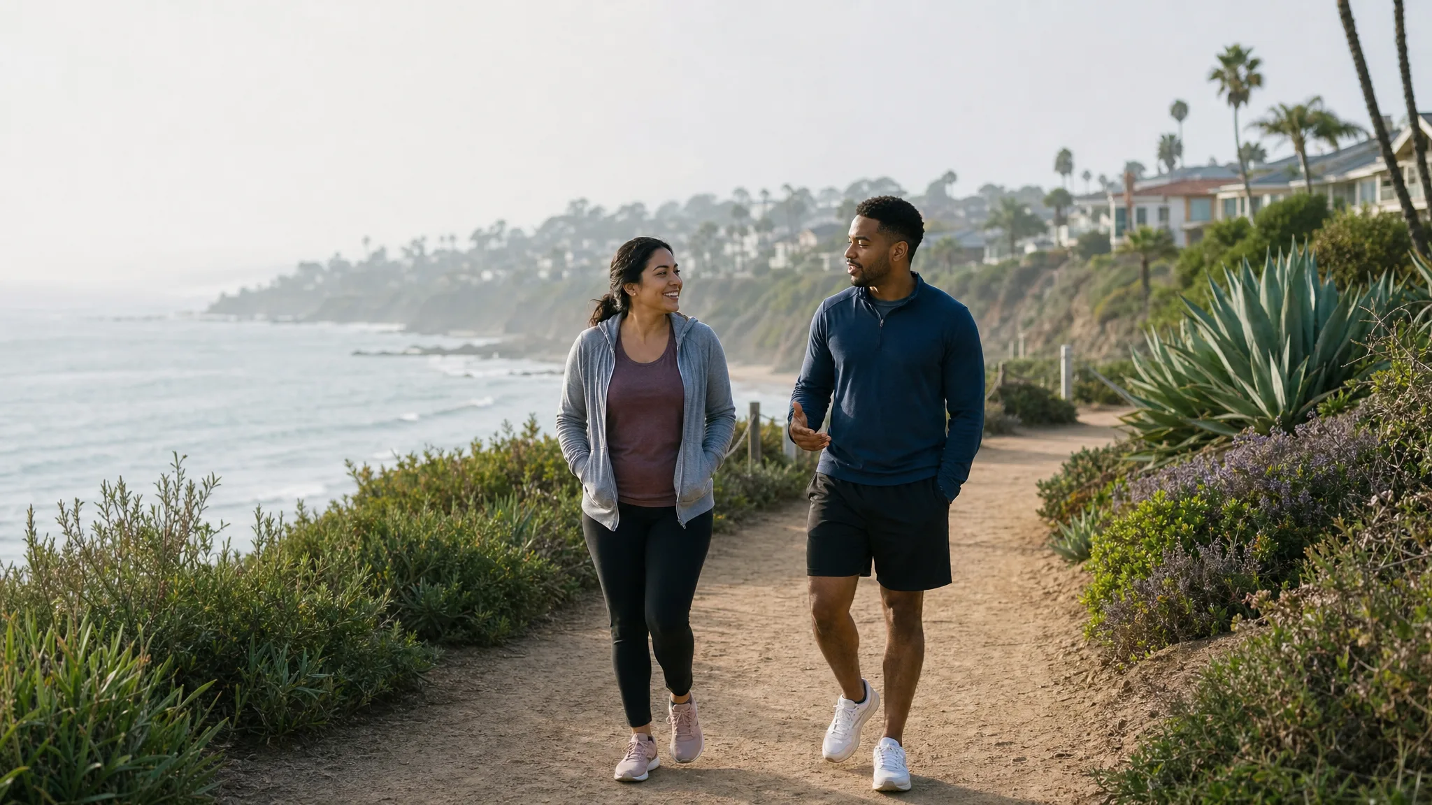 Two adults walking and talking on an Orange County coastal path during early recovery