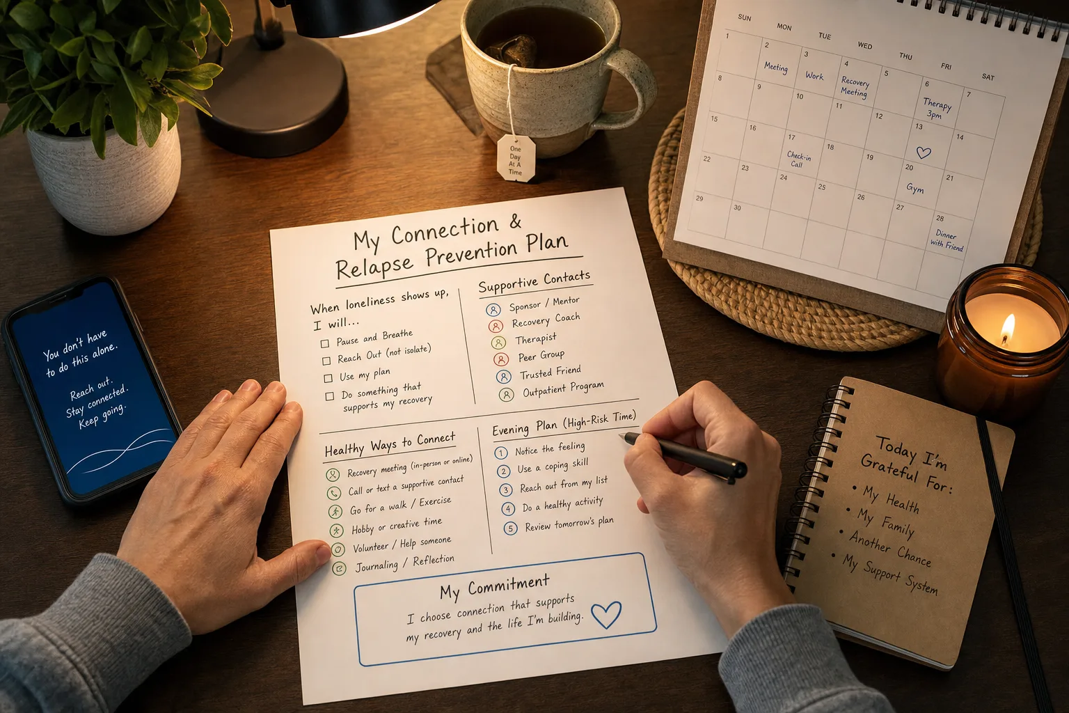 Hands creating a relapse prevention plan with supportive contacts and healthy activities