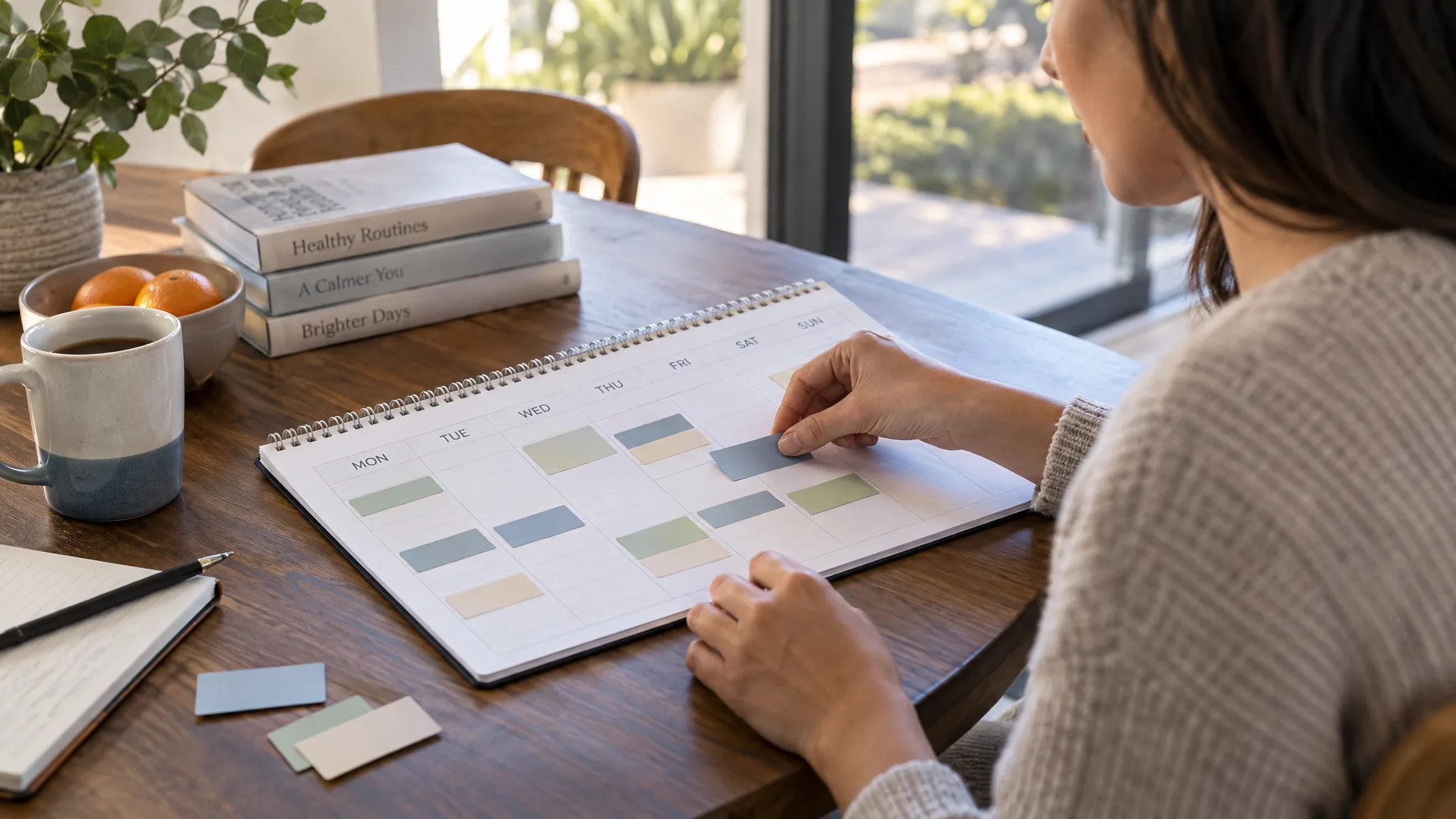 Adult arranging appointment blocks around work and caregiving commitments on a weekly planner