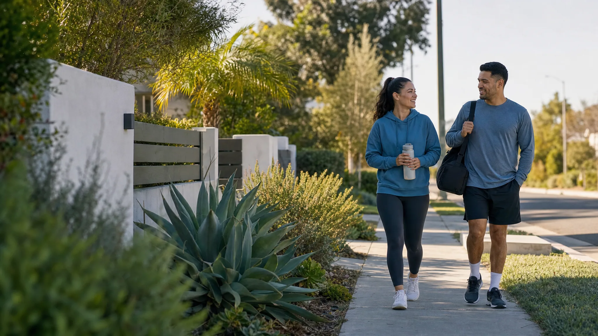 Two adults walking along a Southern California neighborhood sidewalk