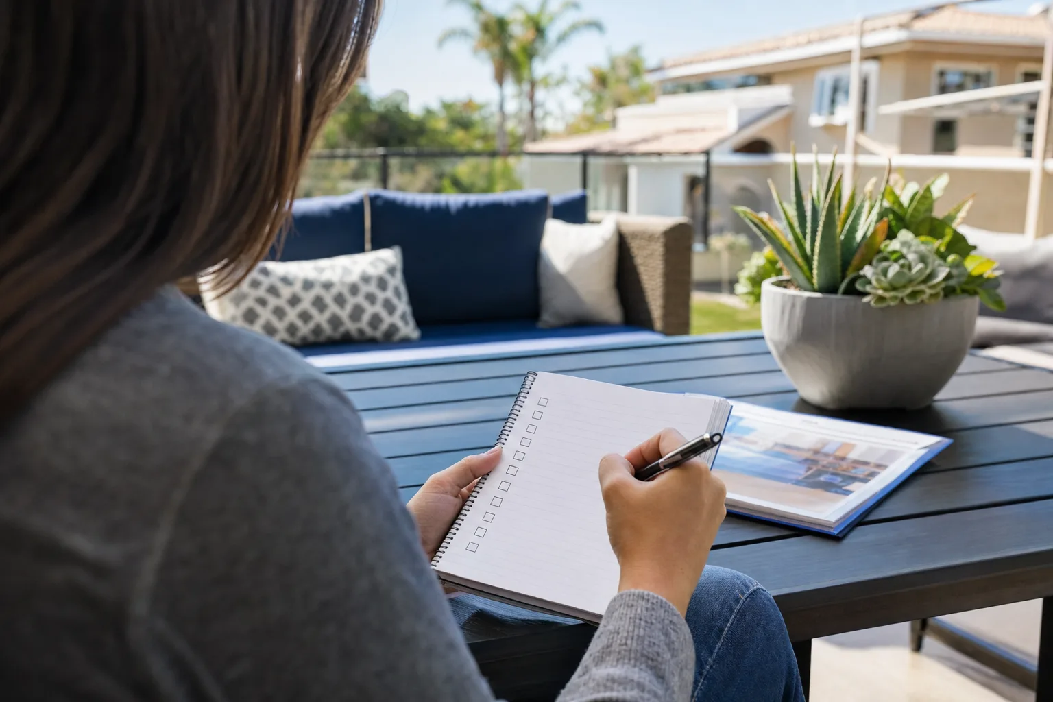 Adult reviewing a housing checklist and sample weekly schedule at a desk