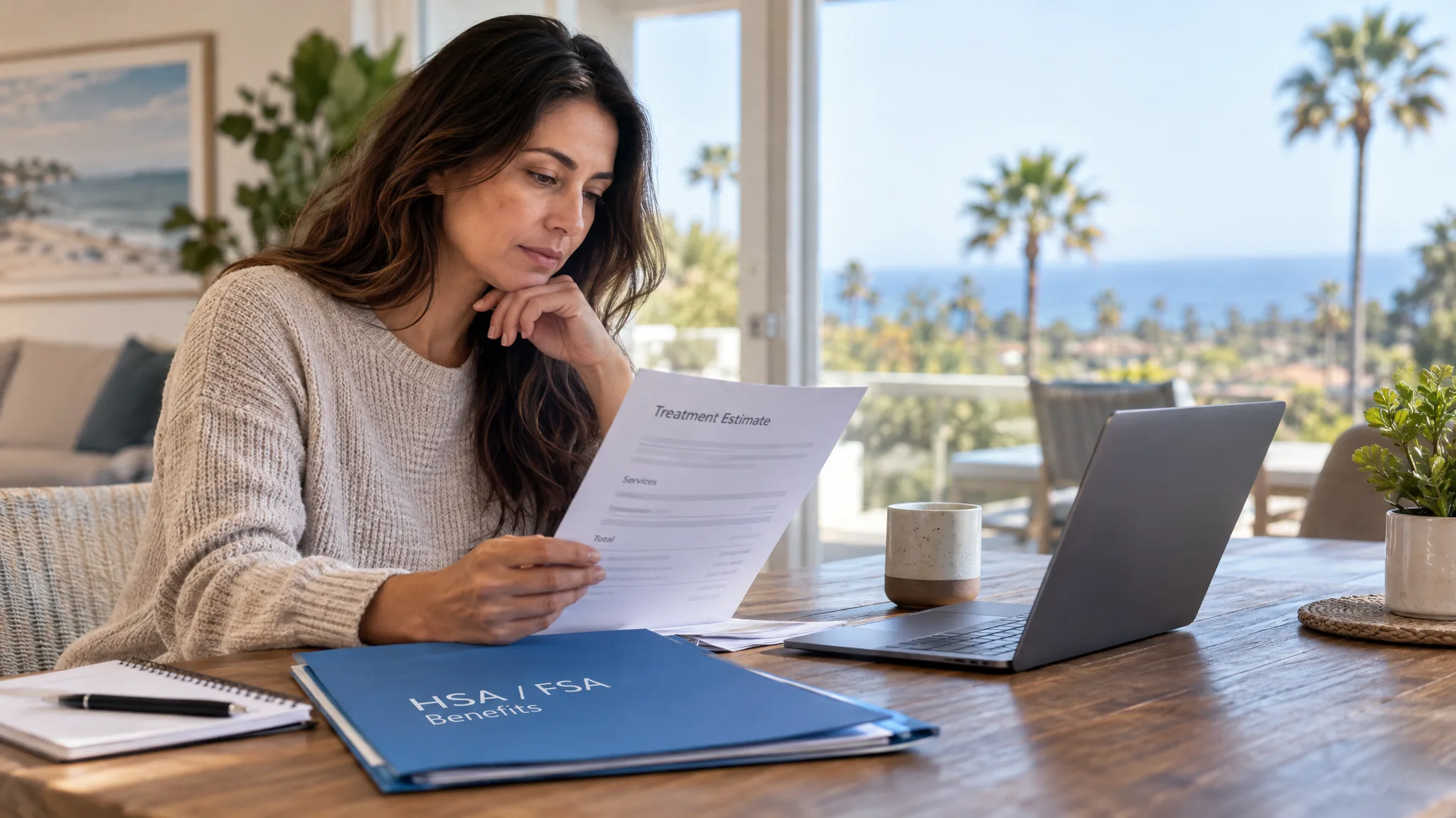 Adult reviewing a treatment estimate beside a benefits folder