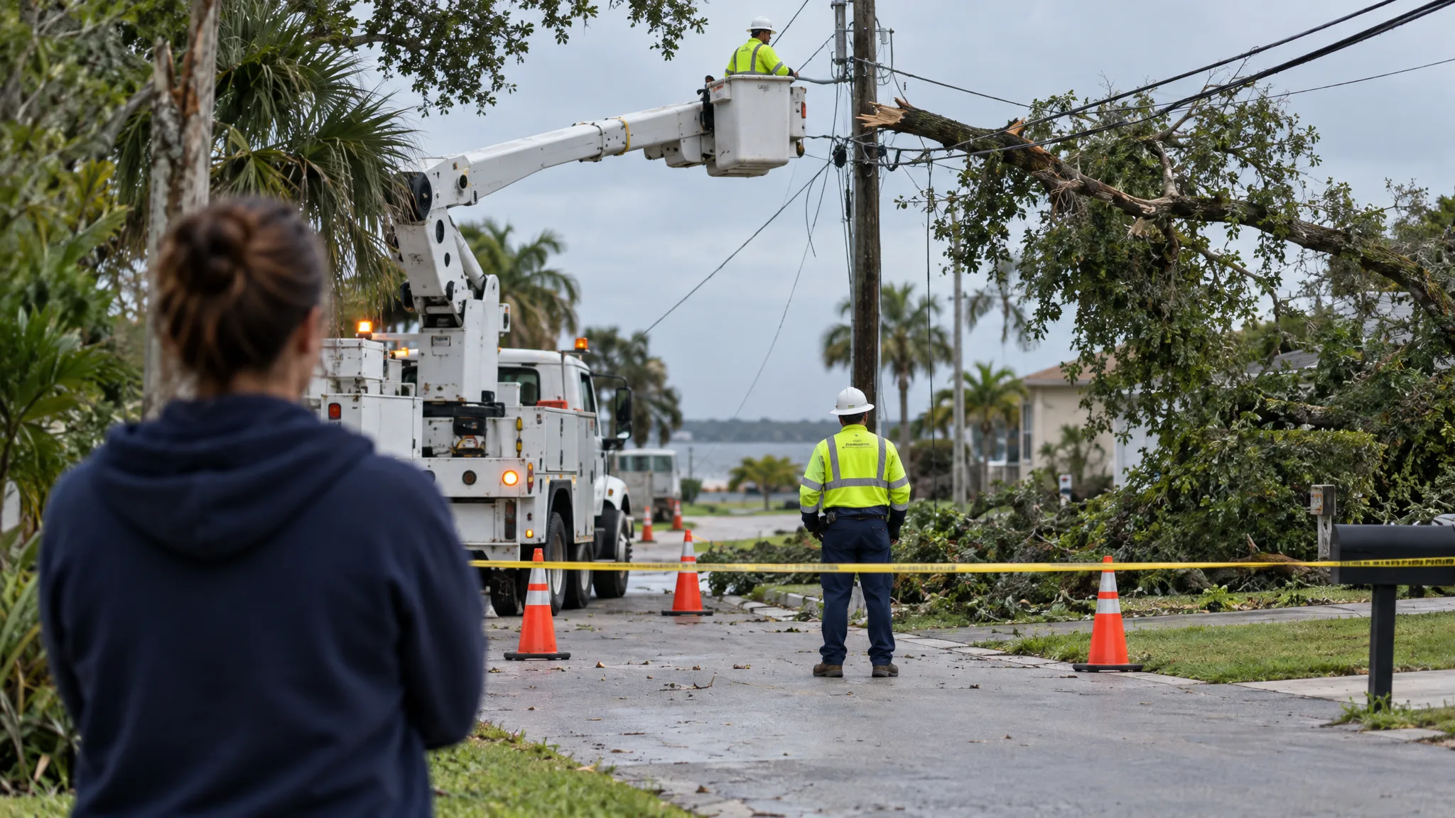 Utility crew establishing a restricted work area after tree damage to an overhead service line