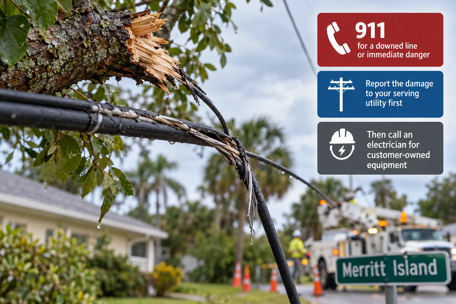 A Tree Branch Pulled Down Your Service Line in Merritt Island: Call the Utility or an Electrician First? supporting image 4
