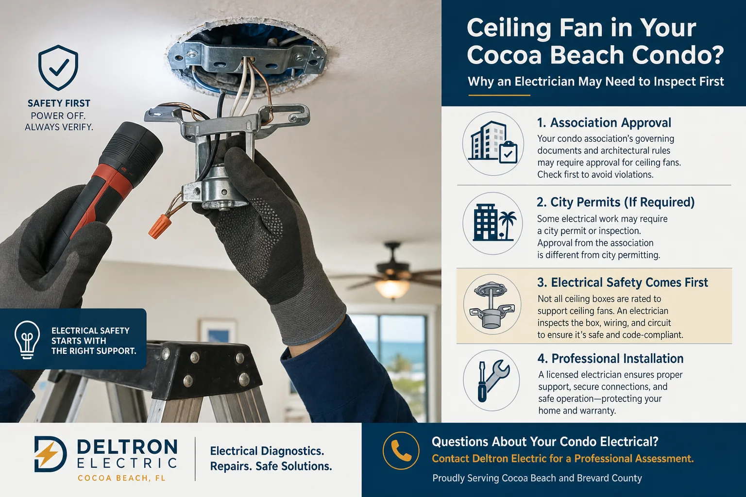 Electrician inspecting a ceiling electrical box for ceiling fan support