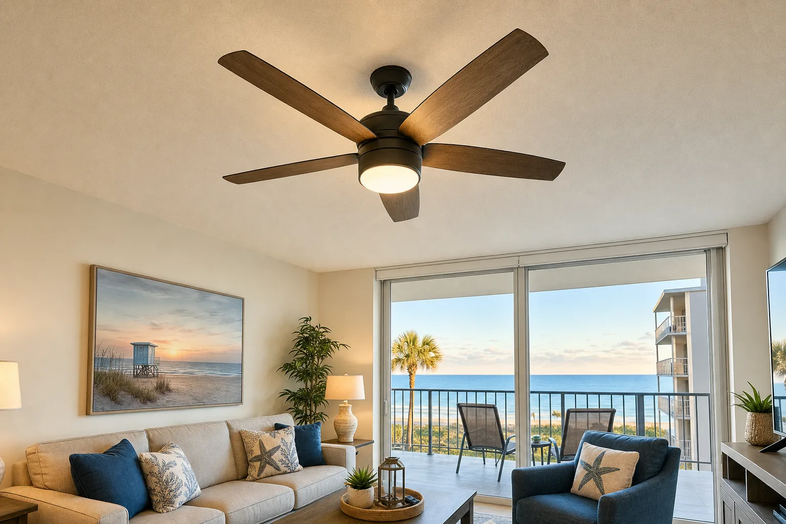 Properly installed ceiling fan in a finished Cocoa Beach condo living room