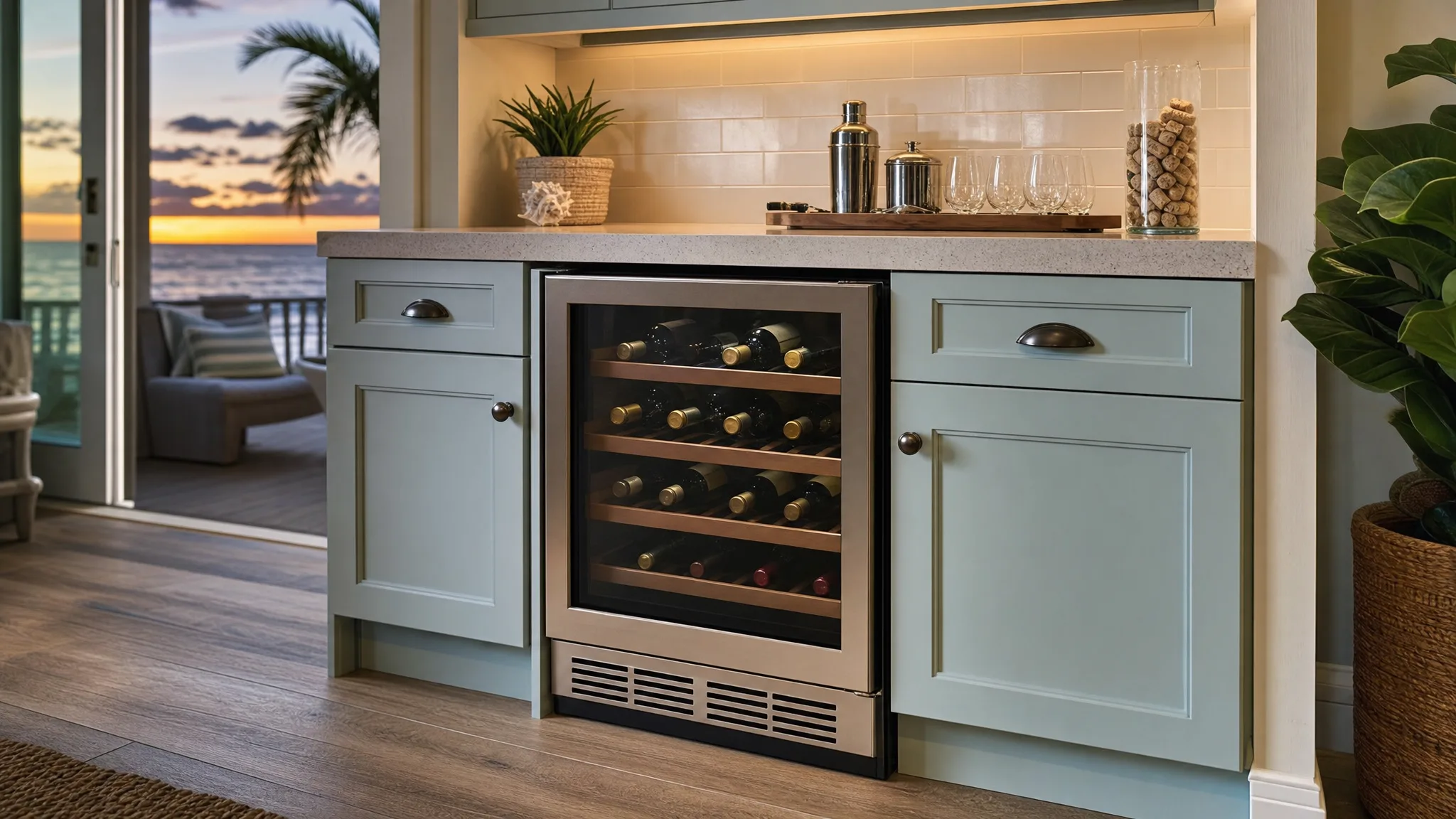 Under-counter wine cooler fitted into a coastal-style home beverage cabinet