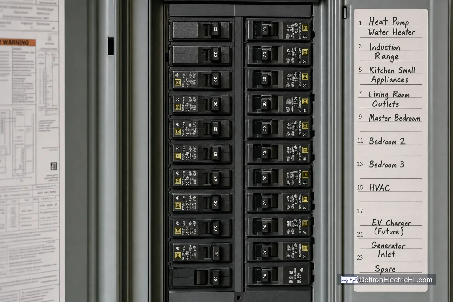 Close view of labeled circuit breakers inside a residential electrical panel