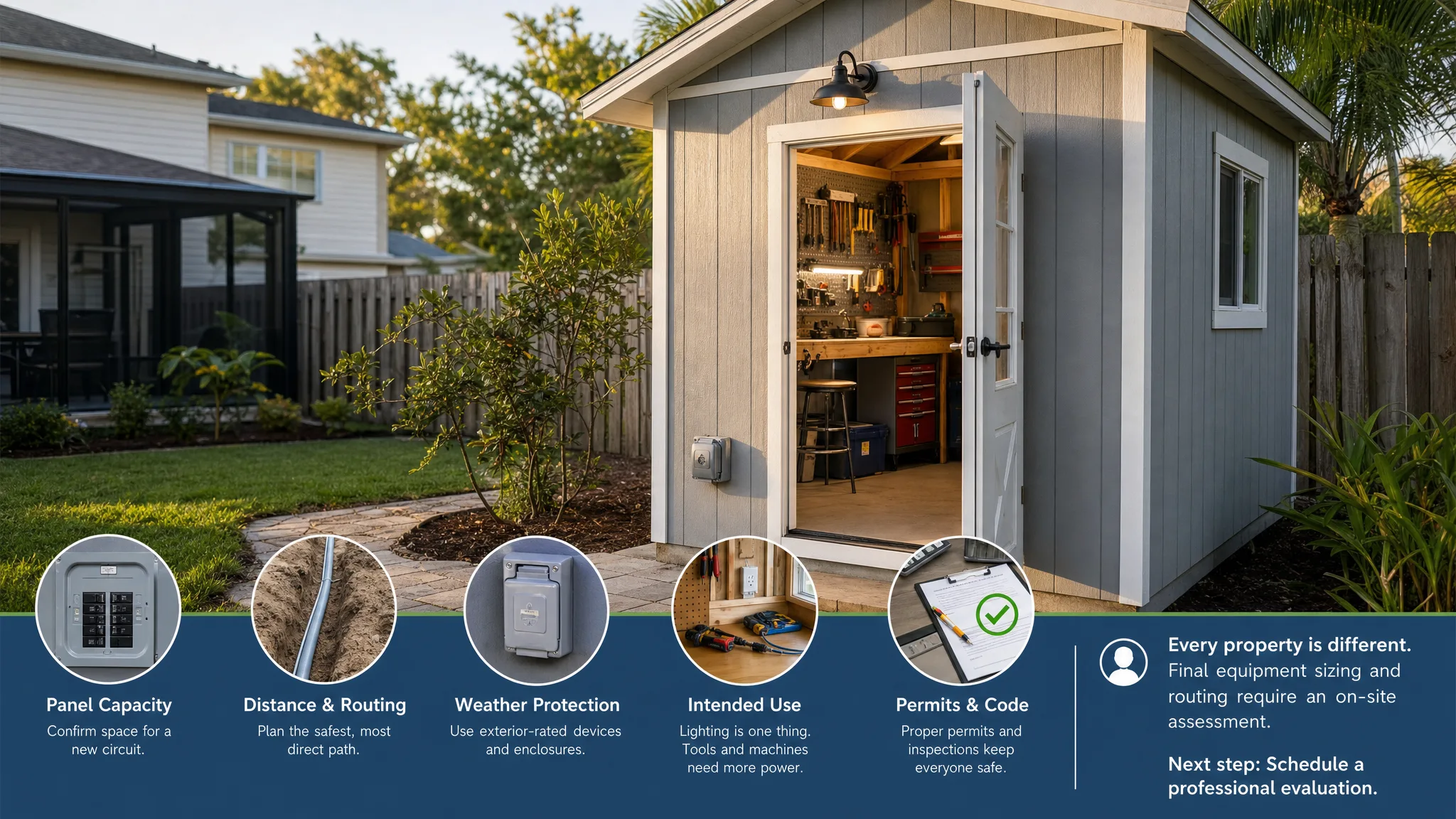 Finished backyard shed in Melbourne, Florida with exterior light and weather-protected electrical service