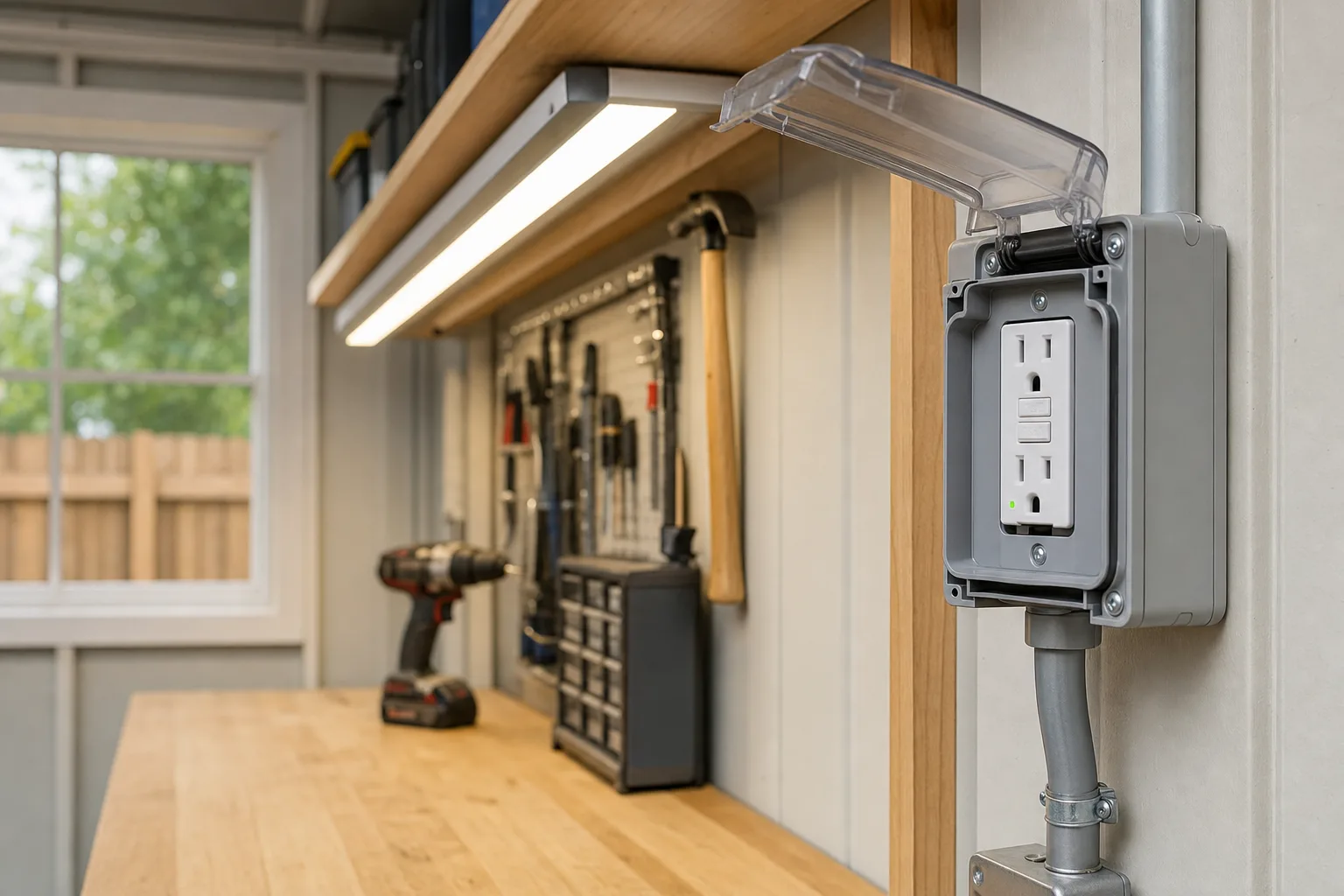 Close view of GFCI-protected workshop outlet and LED task lighting in a backyard shed