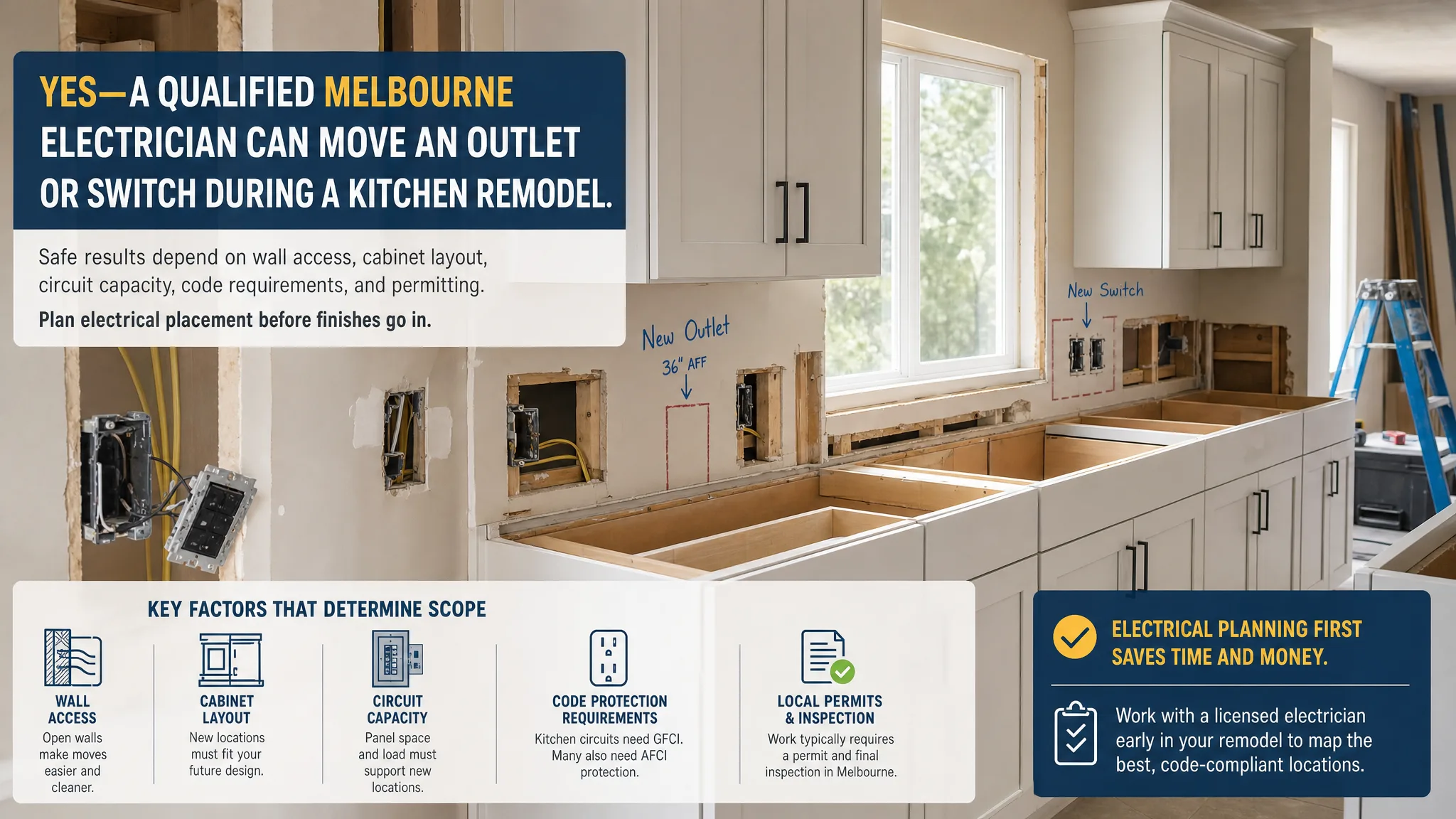 Partially remodeled Melbourne kitchen with open wall areas marked for new outlet and switch locations