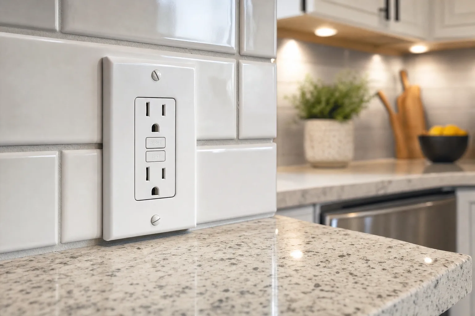 New kitchen counter outlet installed neatly beside a finished backsplash