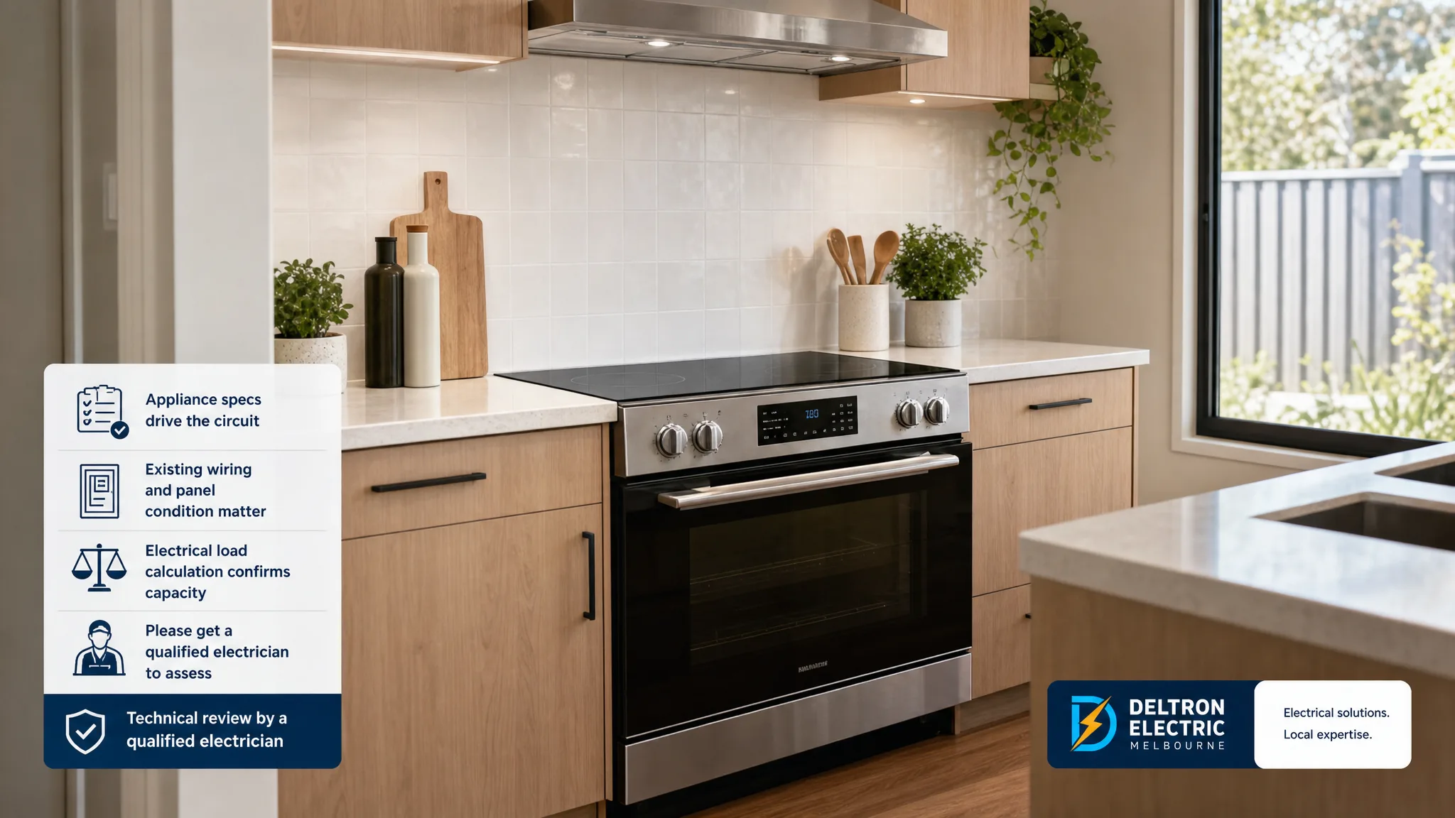 Induction range installed between kitchen cabinets beneath a range hood