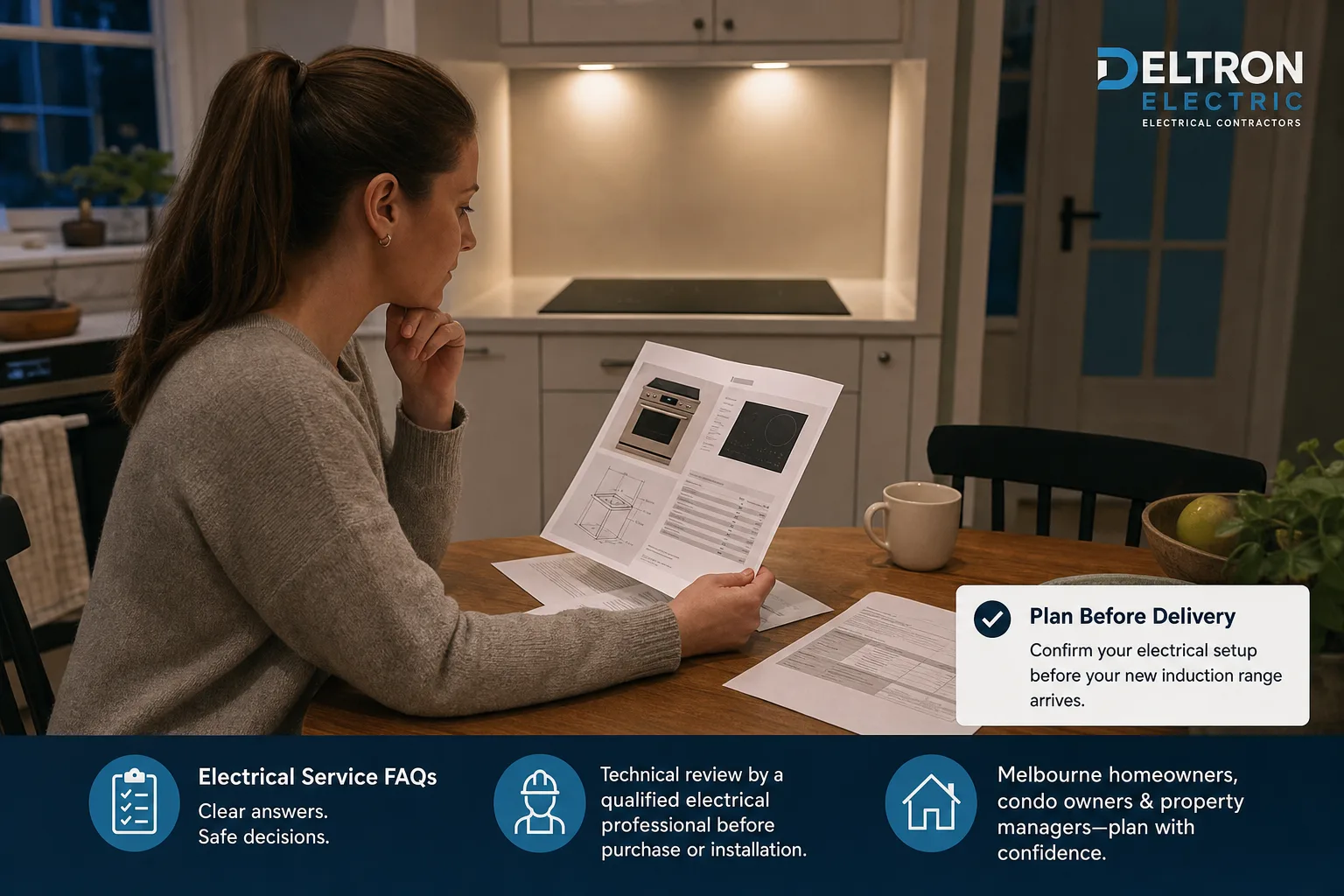 Homeowner reviewing induction range specifications at a kitchen table