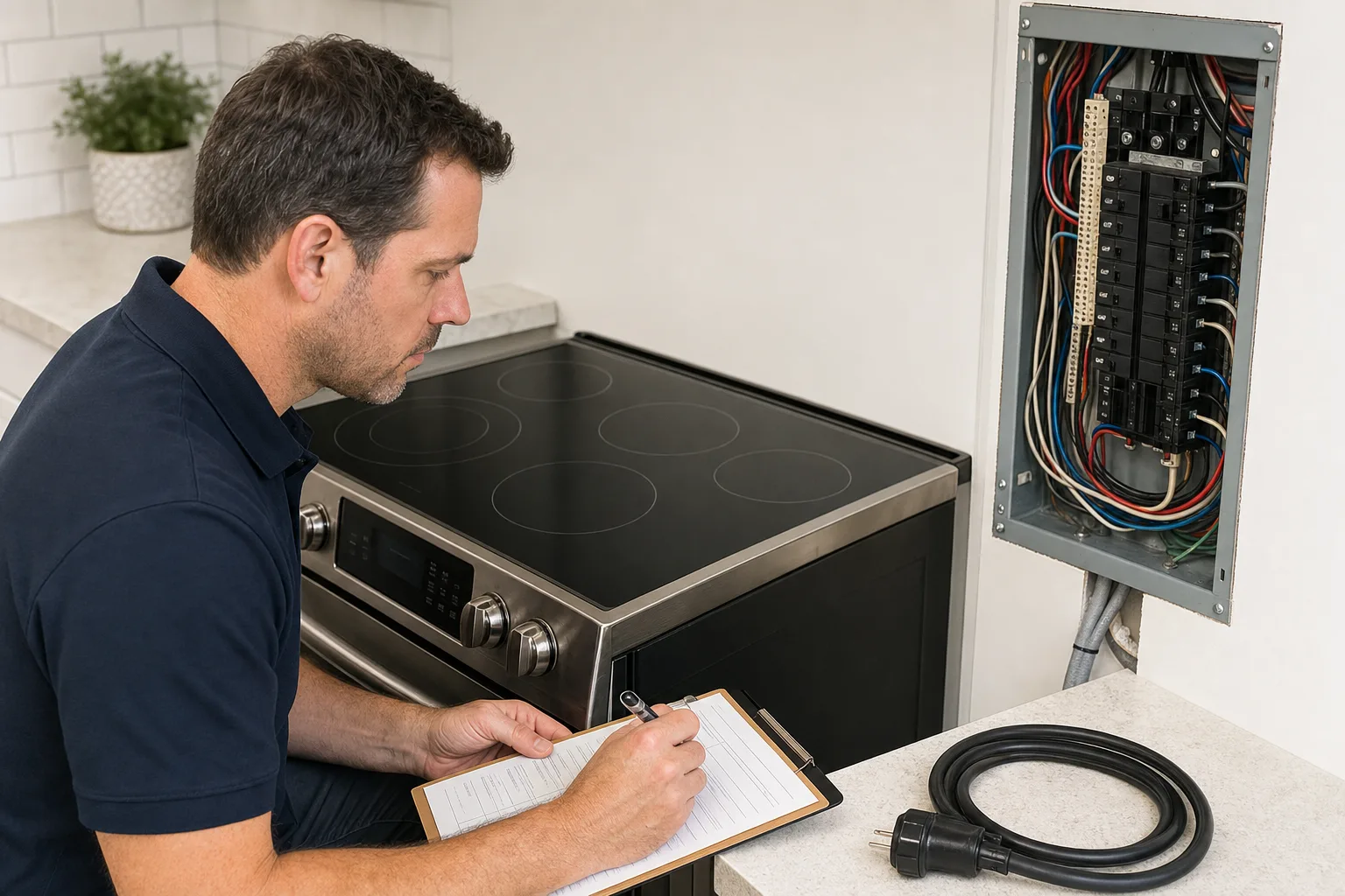 Assessment checklist covering range specifications, existing circuit, panel capacity, wiring route, and permits