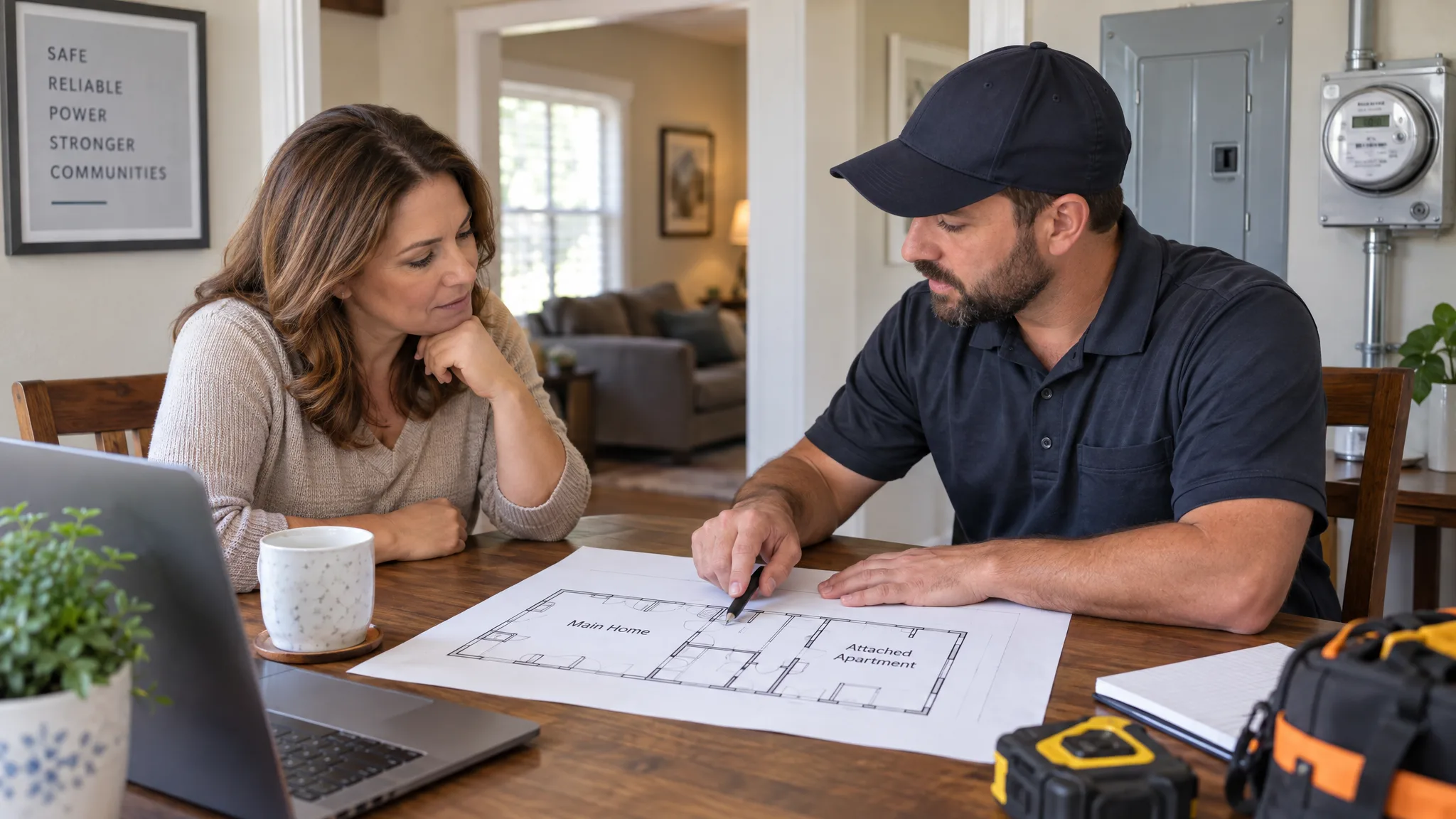 Homeowner and electrical professional reviewing an attached apartment floor plan