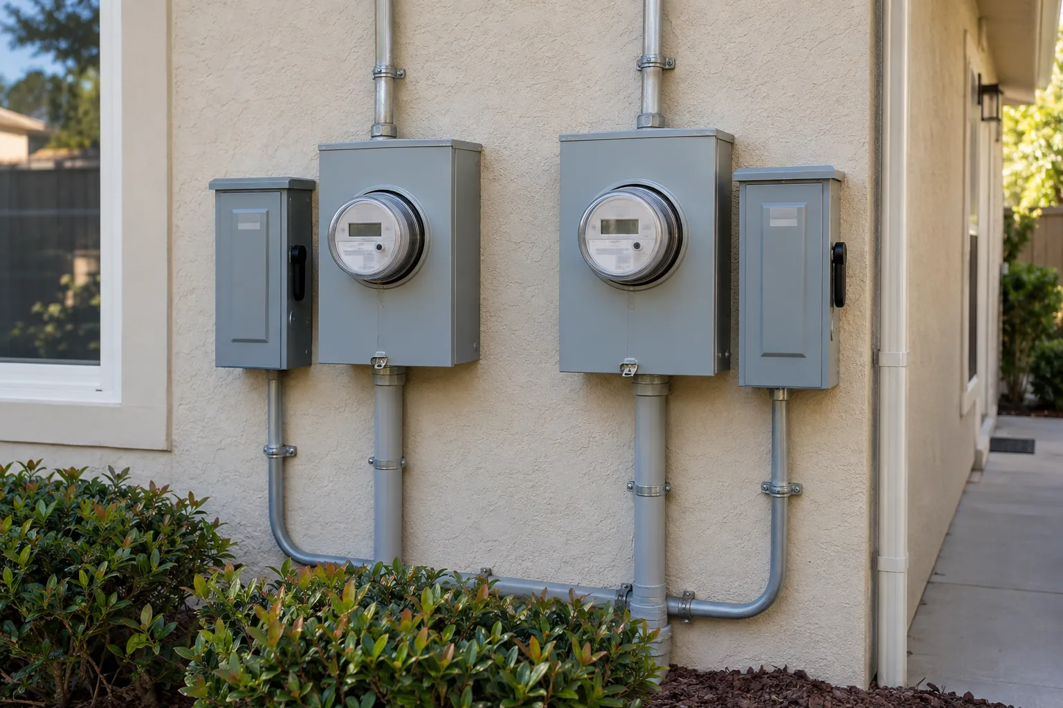 Two closed exterior meter positions beside separate electrical disconnect enclosures