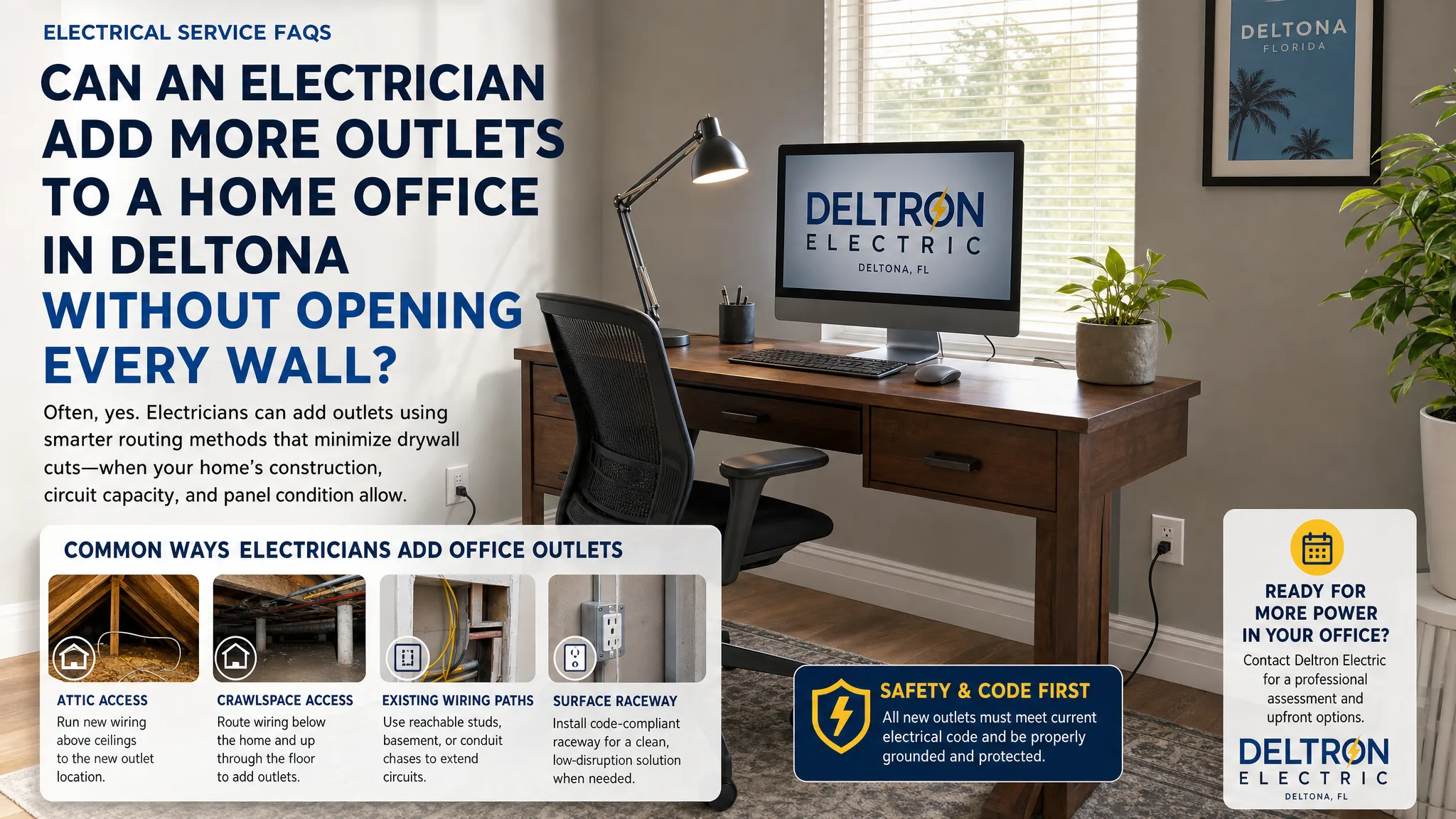 Deltona home office with a desktop setup and conveniently placed wall outlets