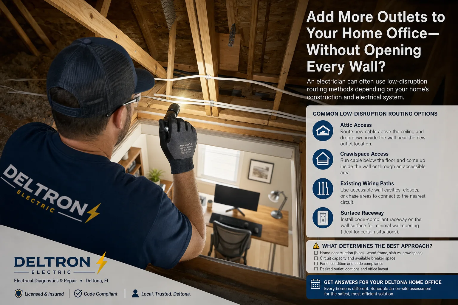 Electrician assessing attic access for a new home office outlet circuit