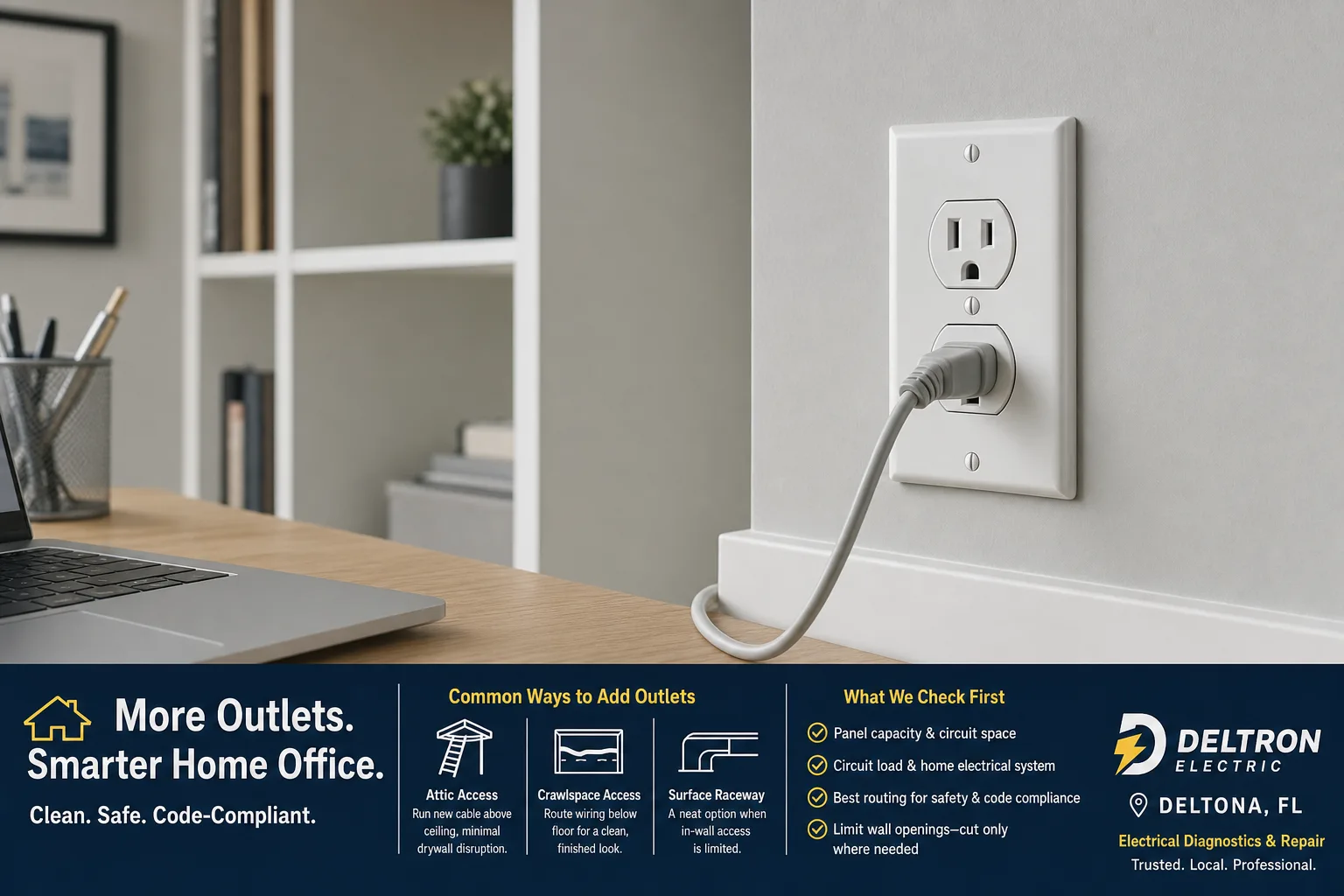 Newly installed wall outlet serving a home office desk