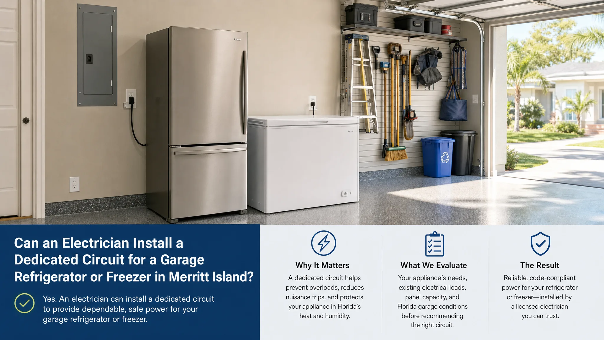 Organized Merritt Island garage with a refrigerator and chest freezer positioned near electrical outlets