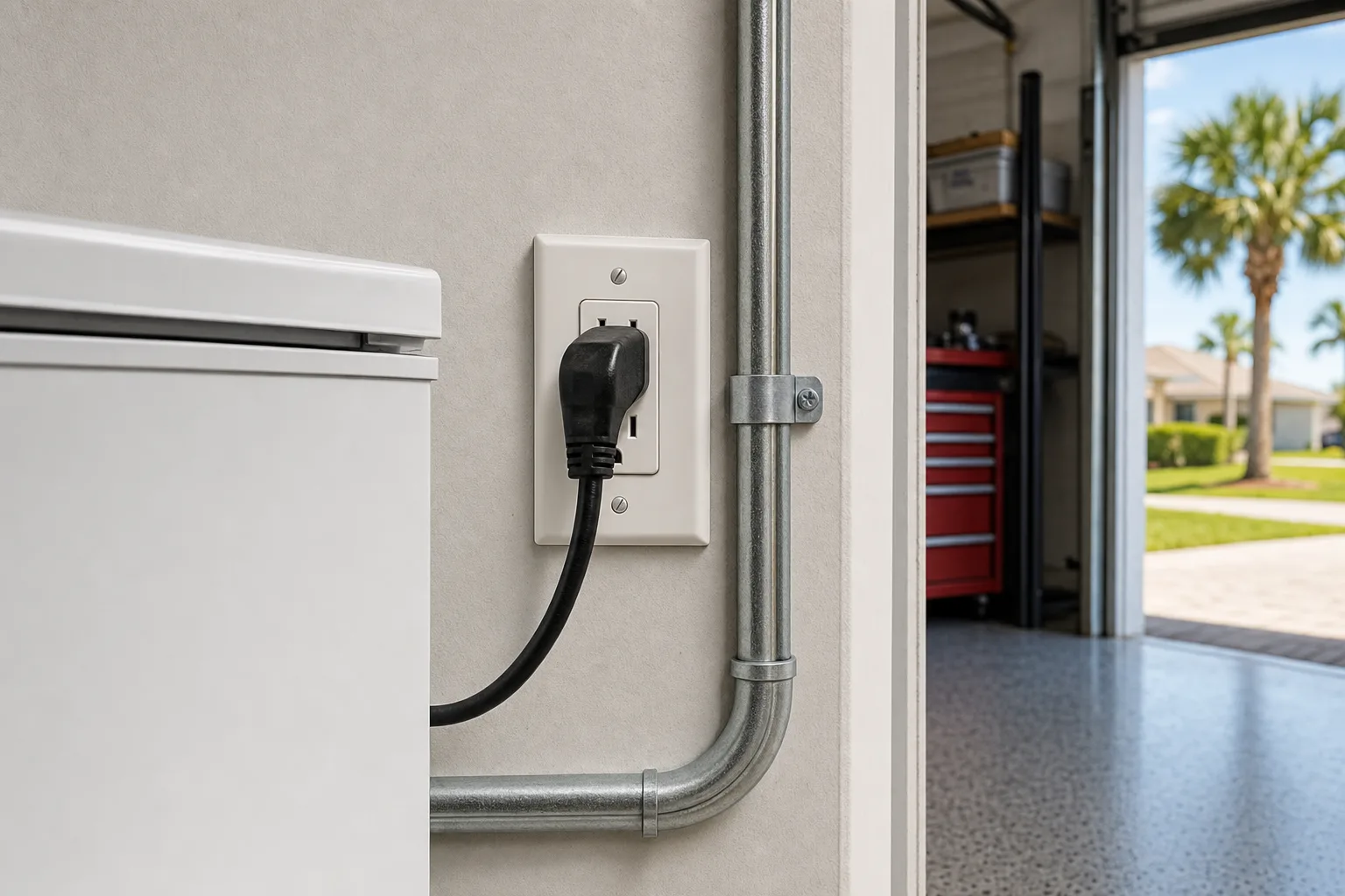 Dedicated electrical receptacle labeled for a garage freezer beside a neatly routed conduit connection