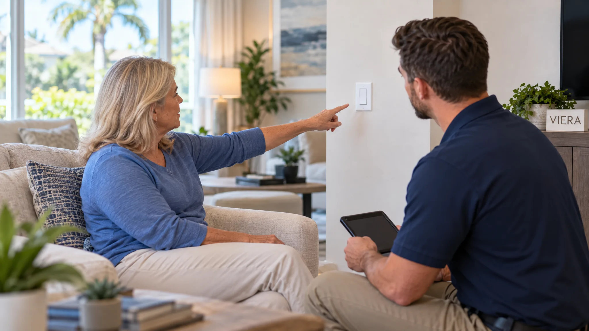 Seated resident indicating a comfortable location for a wall switch