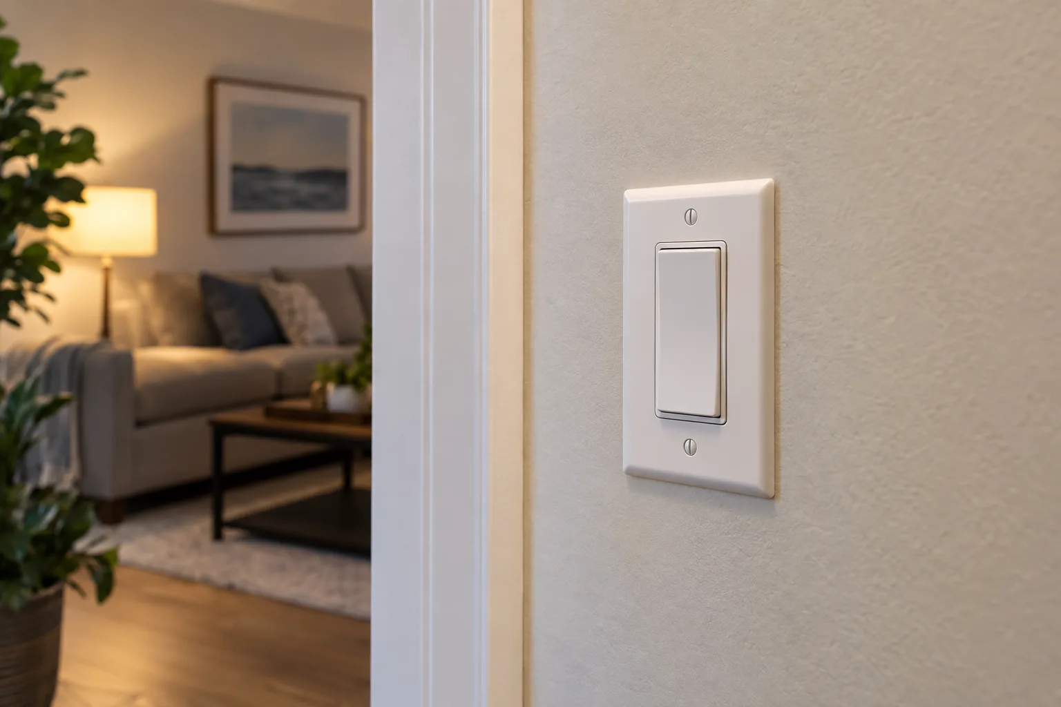Large rocker light switch on a clear wall beside a doorway