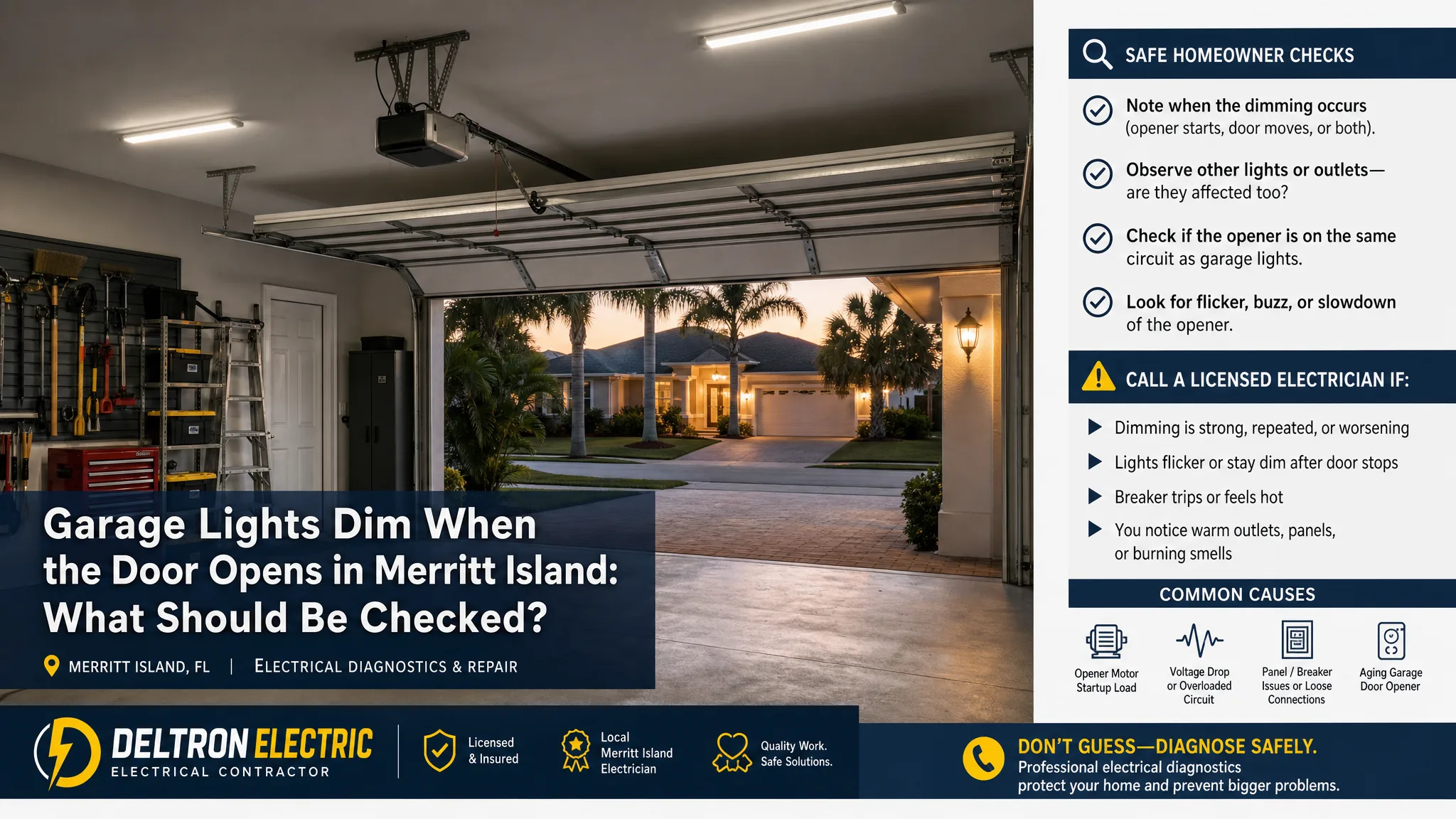 Garage interior in Merritt Island with ceiling lights dimming as an overhead garage door opens