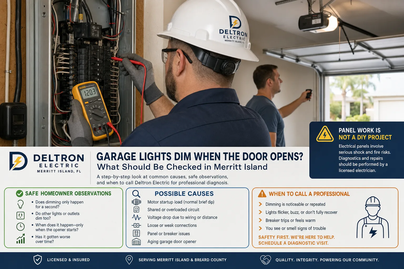 Electrician measuring voltage at a garage electrical panel during a diagnostic visit