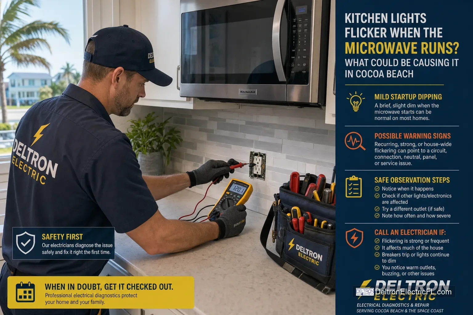 Electrician testing a kitchen microwave circuit for voltage issues