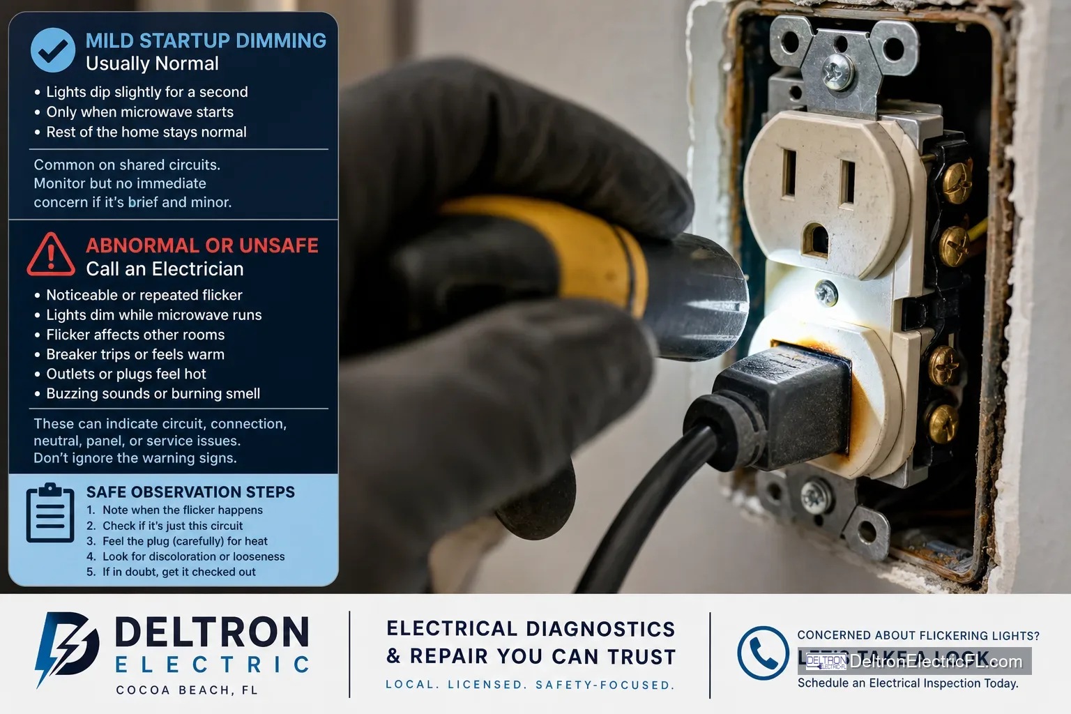 Close-up electrical inspection of a microwave outlet connection