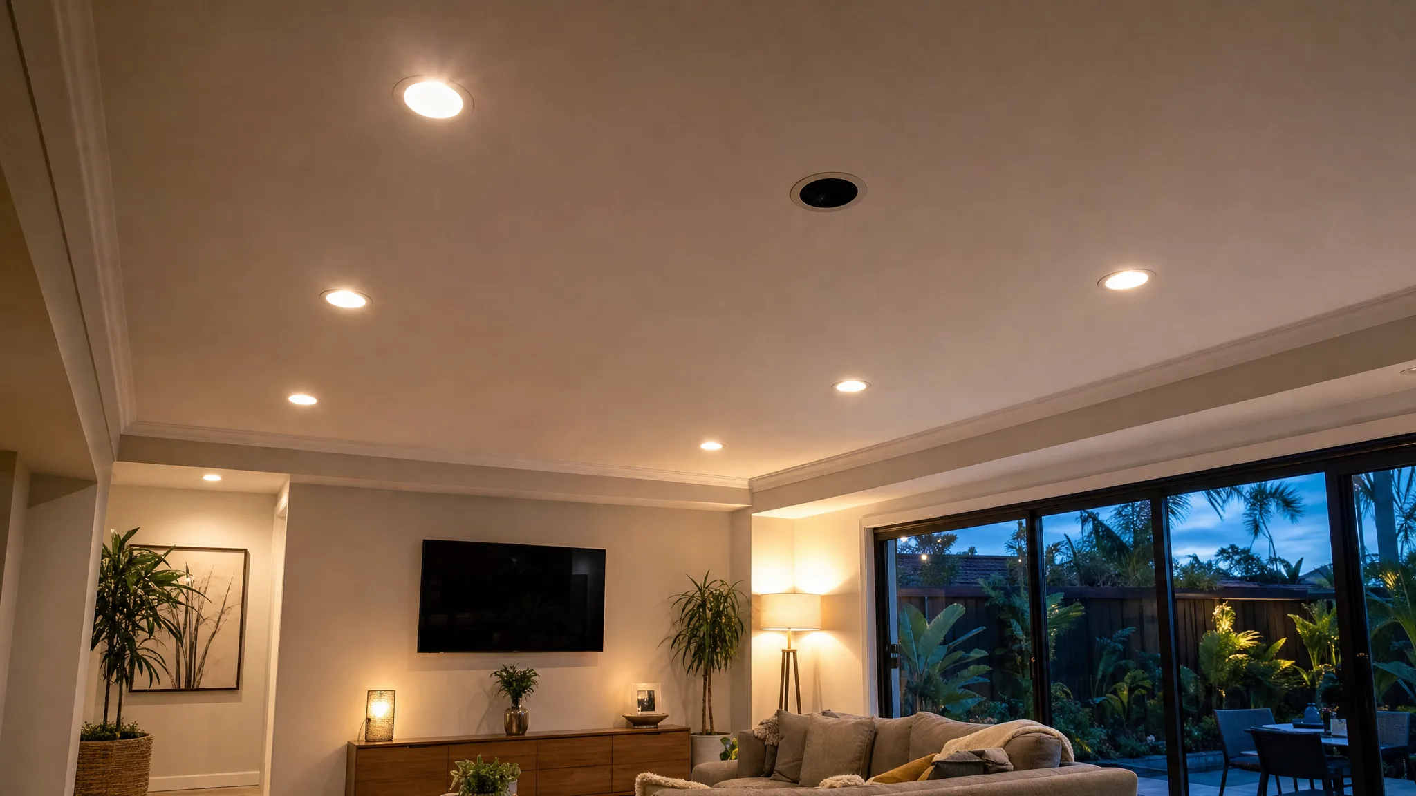 Recessed ceiling lights in a Melbourne home with one light switched off while nearby lights remain on