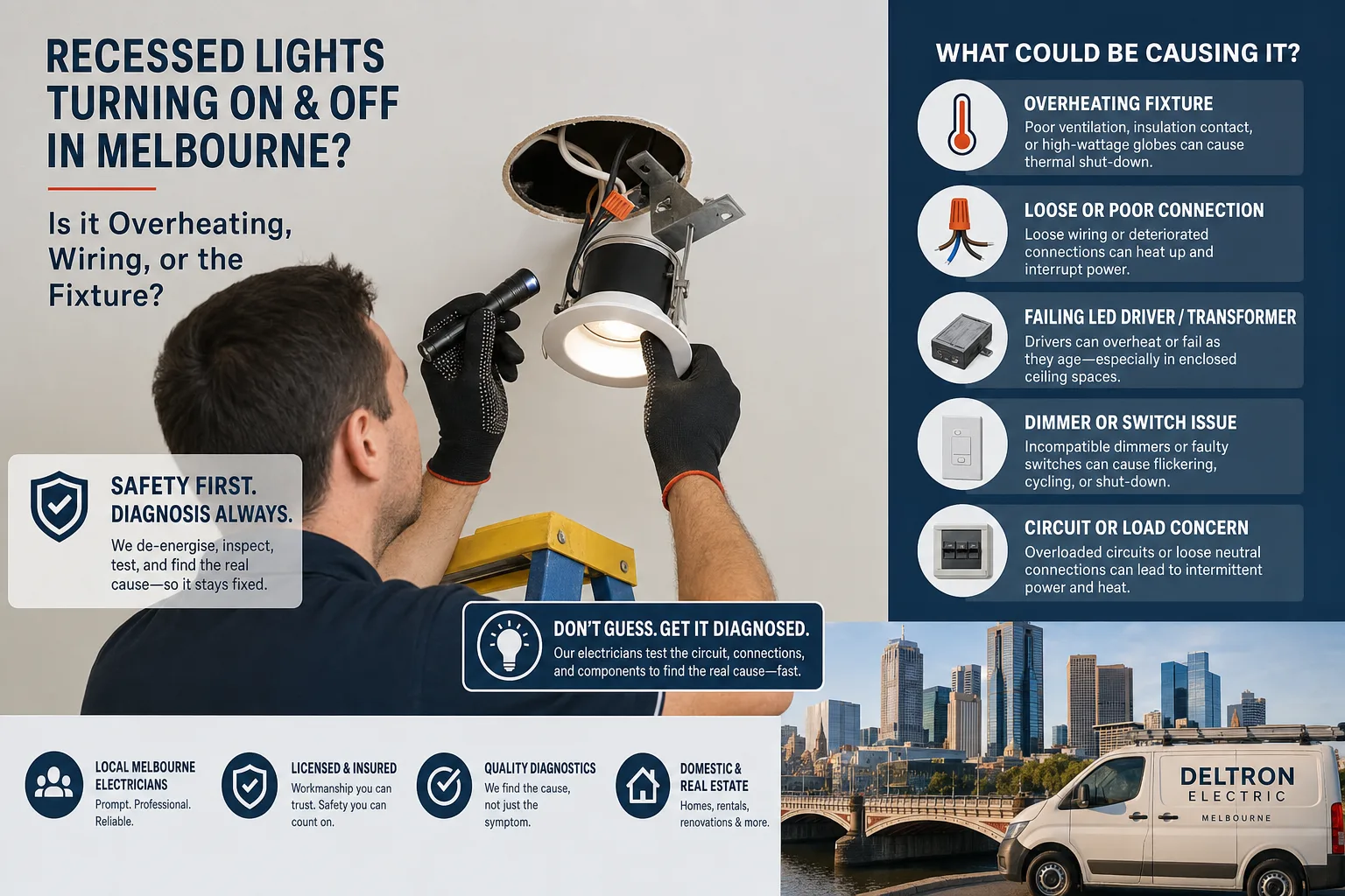 Licensed electrician inspecting a recessed ceiling light fixture during electrical diagnosis