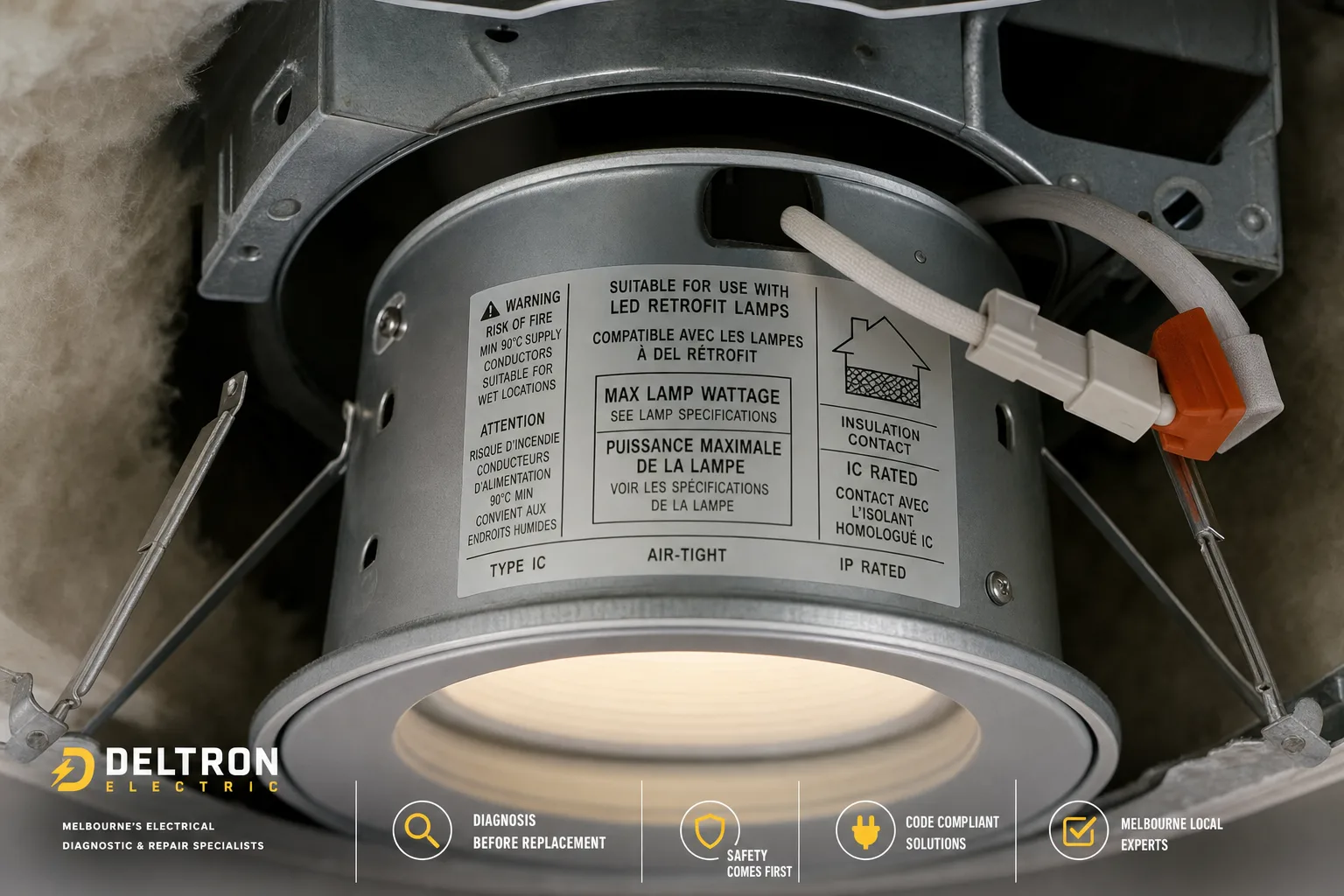 Close-up of a recessed light housing label showing bulb and insulation compatibility information