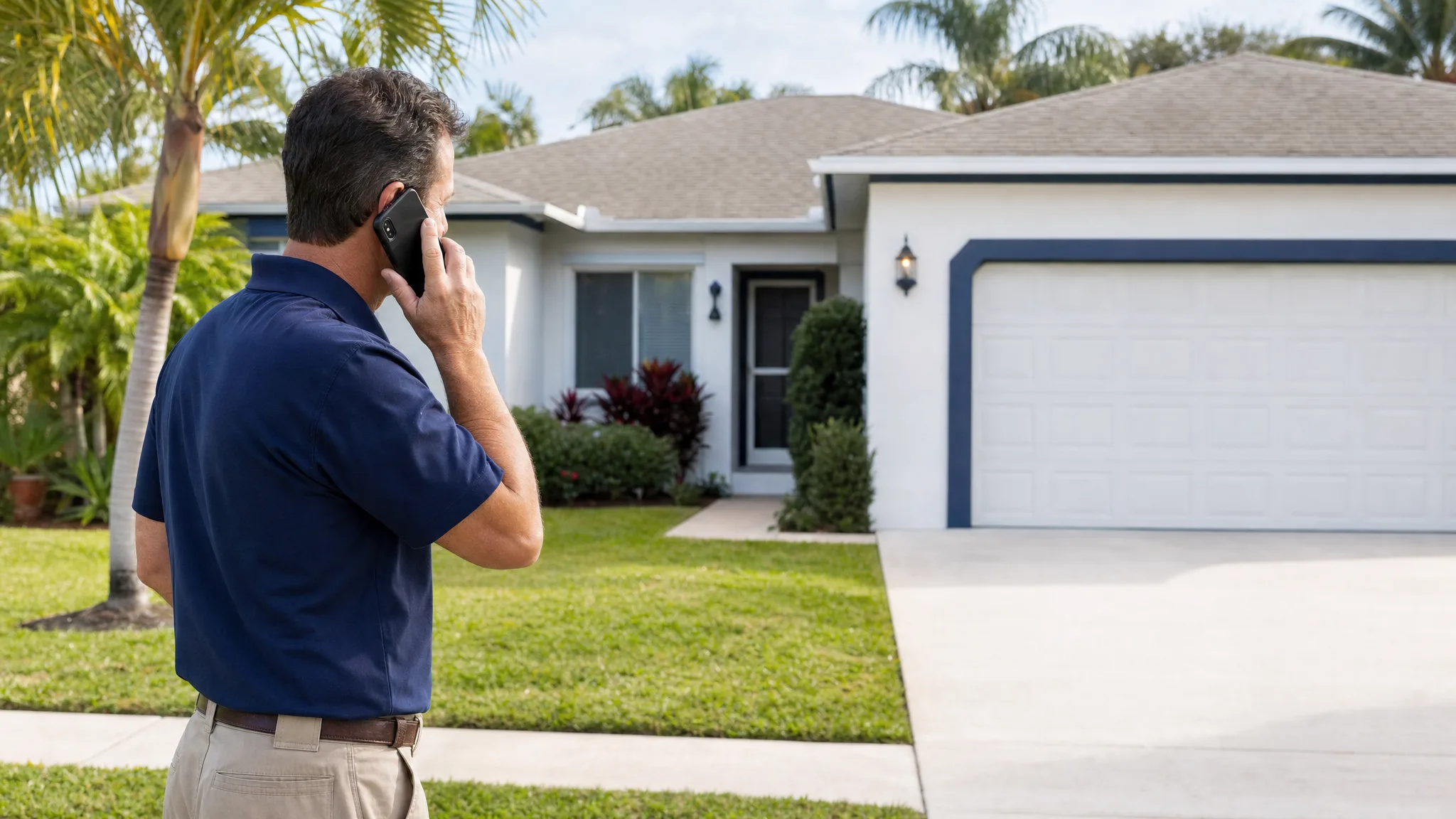 Resident making a phone call outside a Florida home, away from the garage